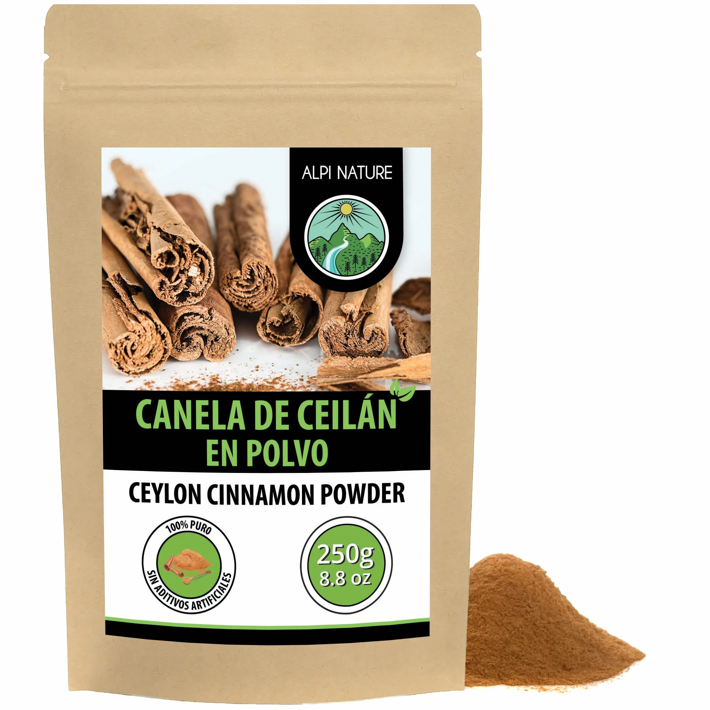 Alpi Nature Canela de Ceilán en Polvo 250g, Palitos de Canela de Ceilán Molidos en Polvo