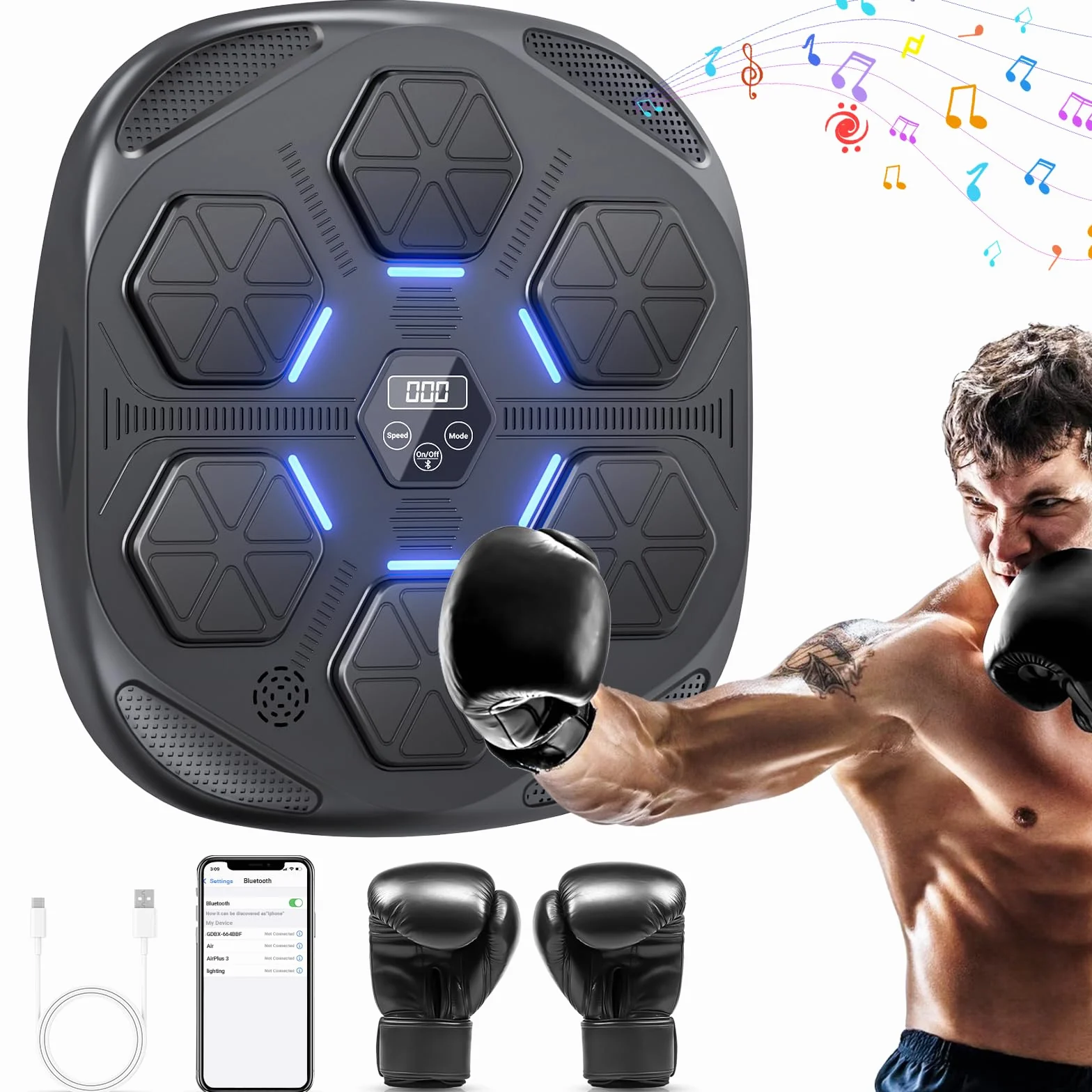 Máquina de Boxeo Musical Bluetooth portátil de Pared, 9 Modos de Velocidad, Altura Ajustable con Guantes