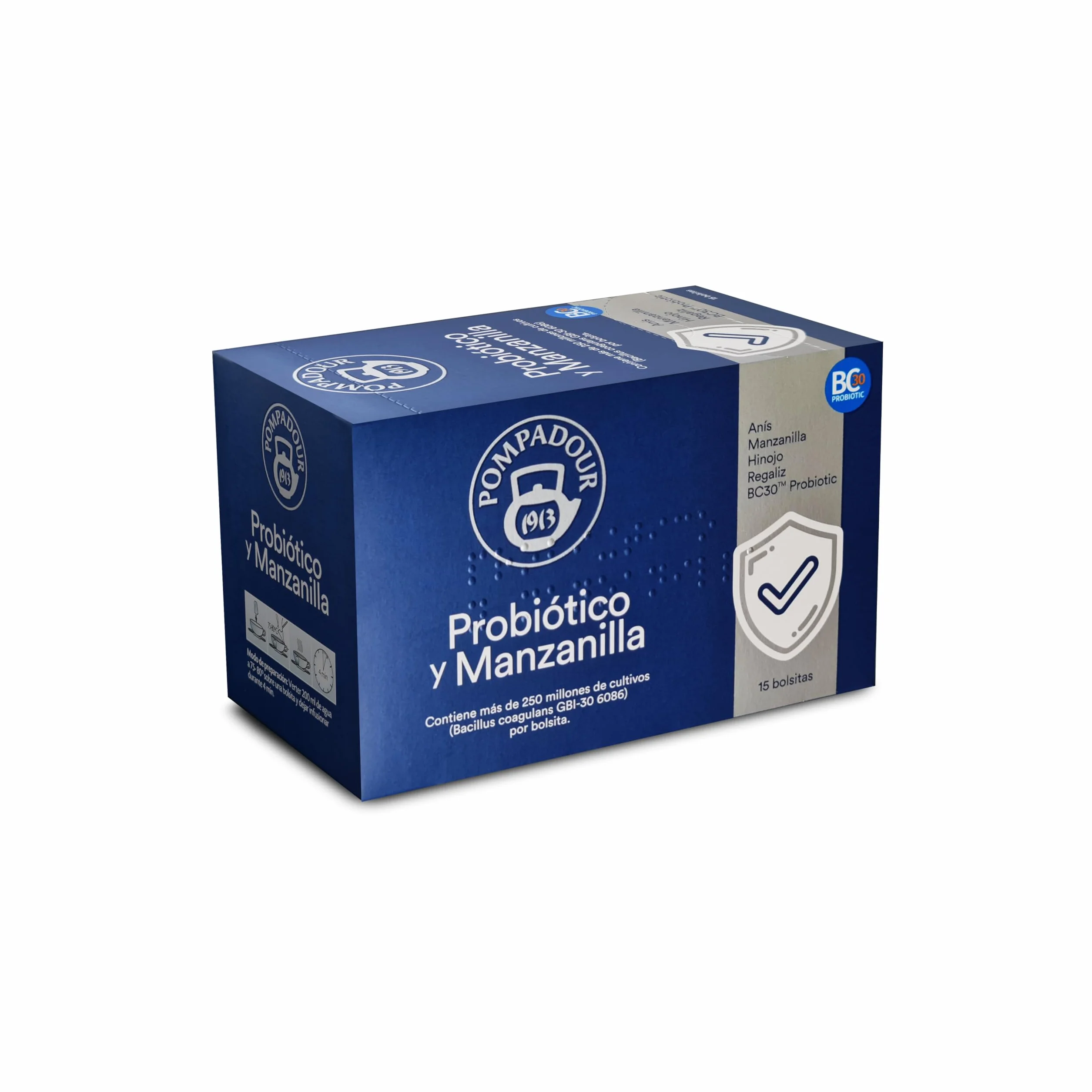 Pompadour | Probiótico y Manzanilla | Ayuda a la Flora Intestinal | Con Probiótico BC30 | Sin Teína | 15 Bolsitas de 1,75 Gr
