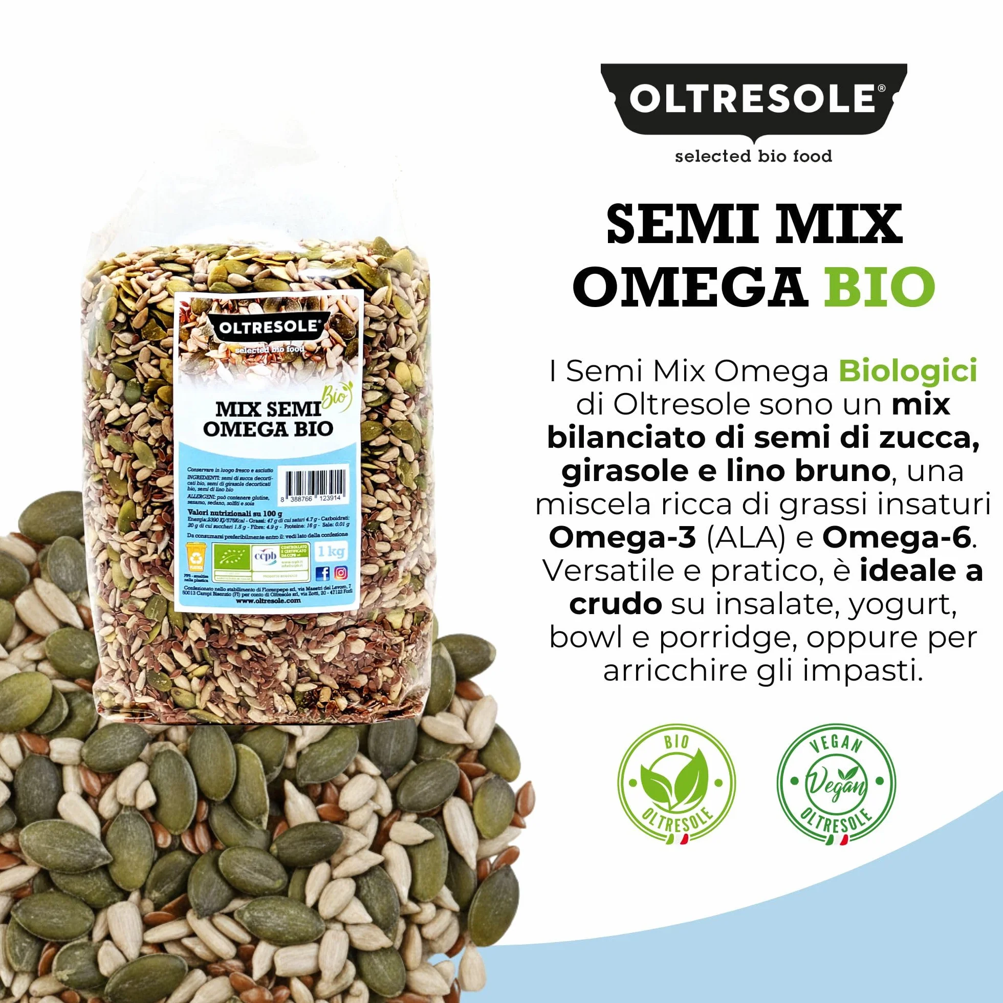 Oltresole, Mezcla De Semillas Omega Ecológicas 1 Kg (Calabaza, Girasol Y Lino), Mezcla De 3 Semillas Oleaginosas Crudas Enteras, Ricas En Proteínas, Fibra Y Omega 3