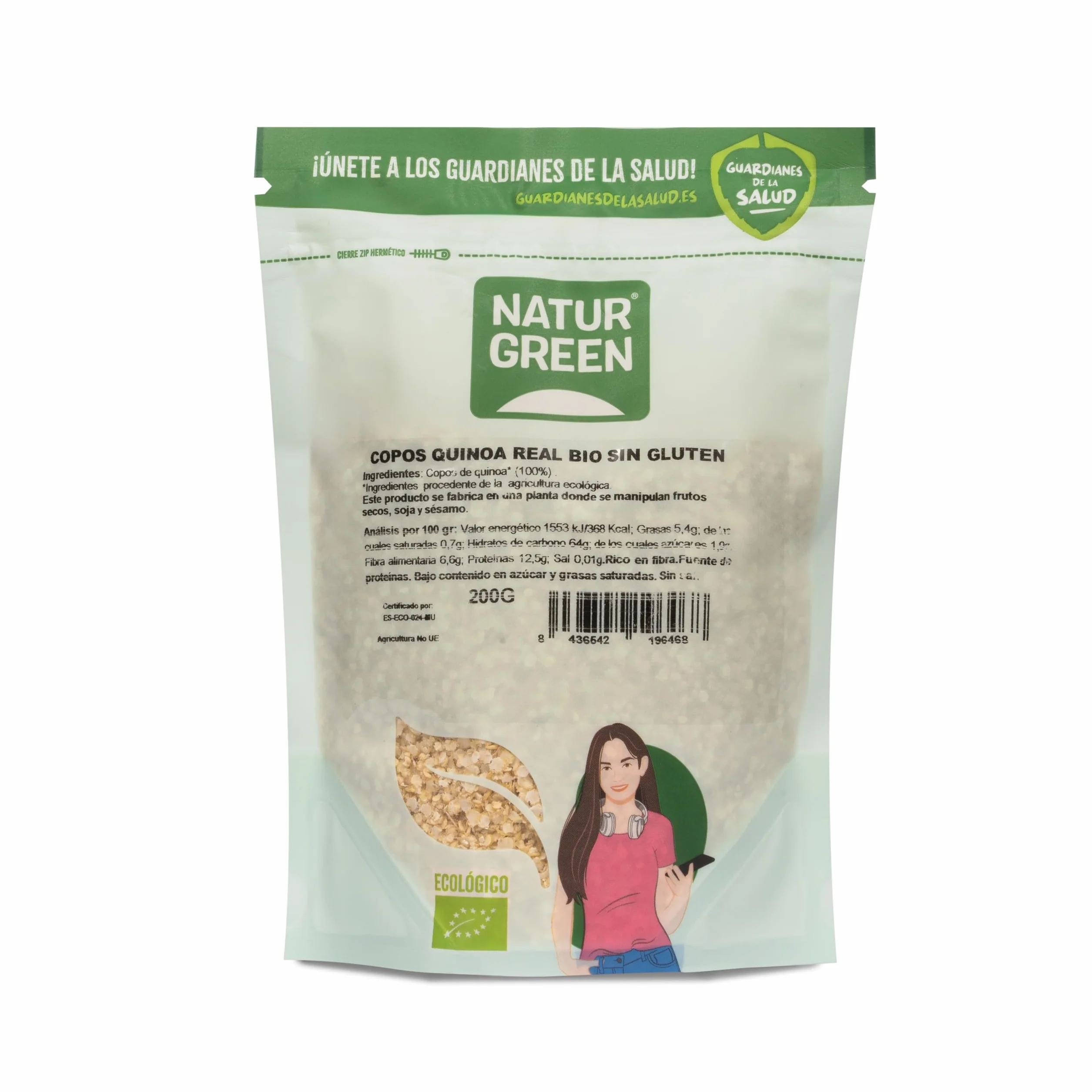 NaturGreen - Copos de Quinoa Real, Granos Quinoa Bio, Sin Gluten, Rica en Poteínas, Vitaminas B, C y E - 200 g