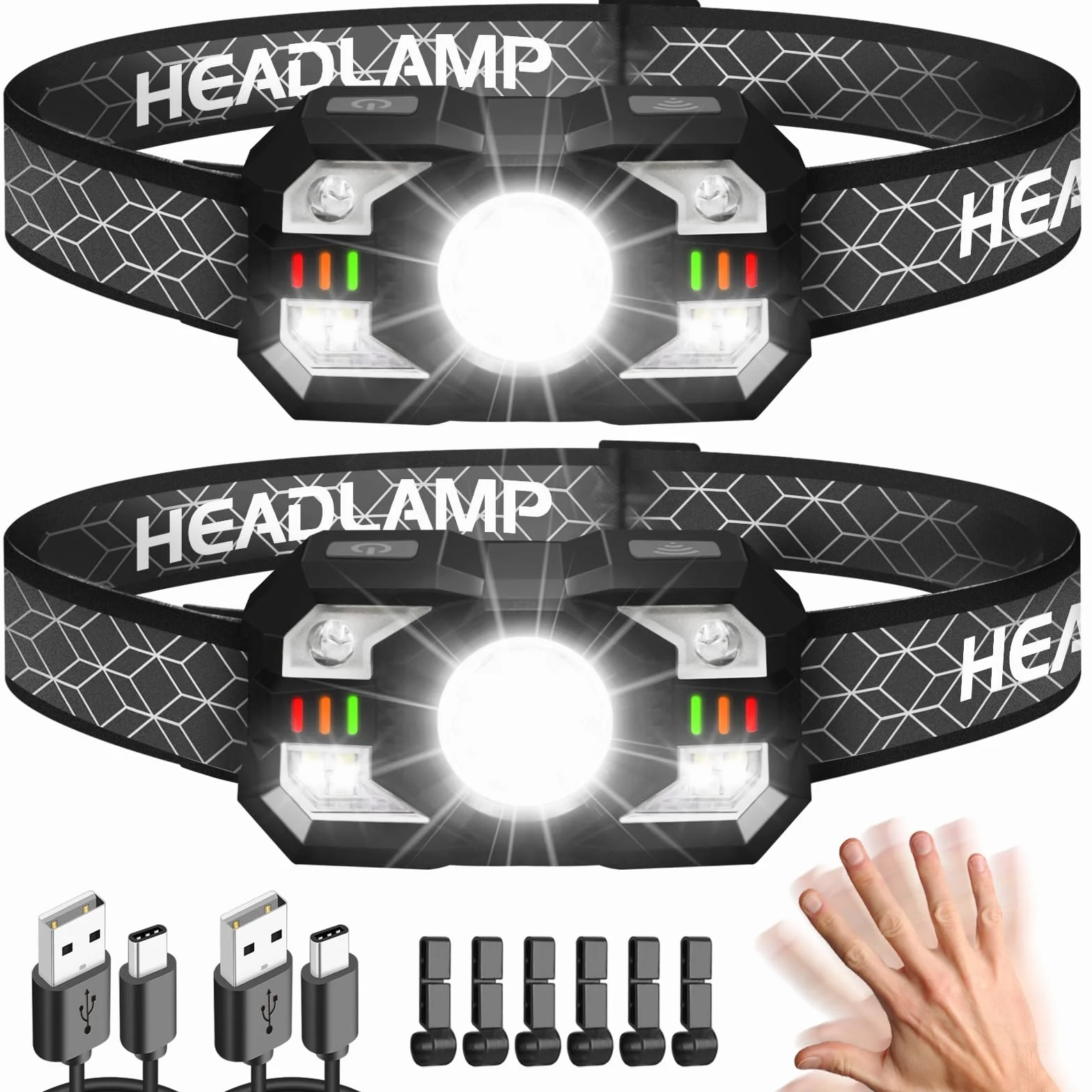 Hyted Linterna Frontal LED Recargable 2000 Lúmenes 10 Modos Impermeable Sensor 2 Piezas