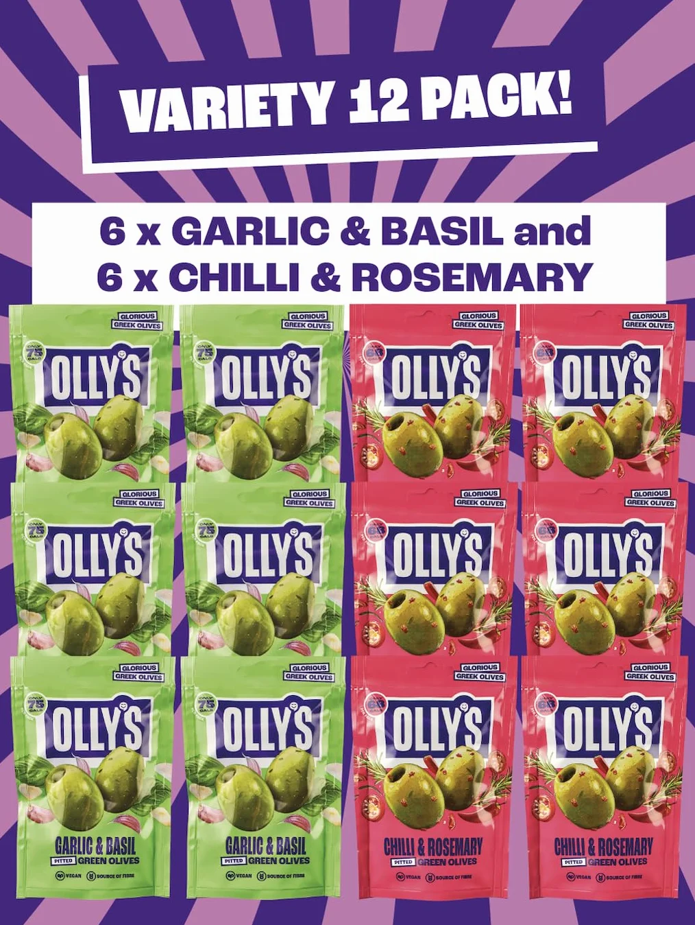 Olly's Olives | Mixed Selection of Flavoured Olive Packs | 12 x 50g Pouches
