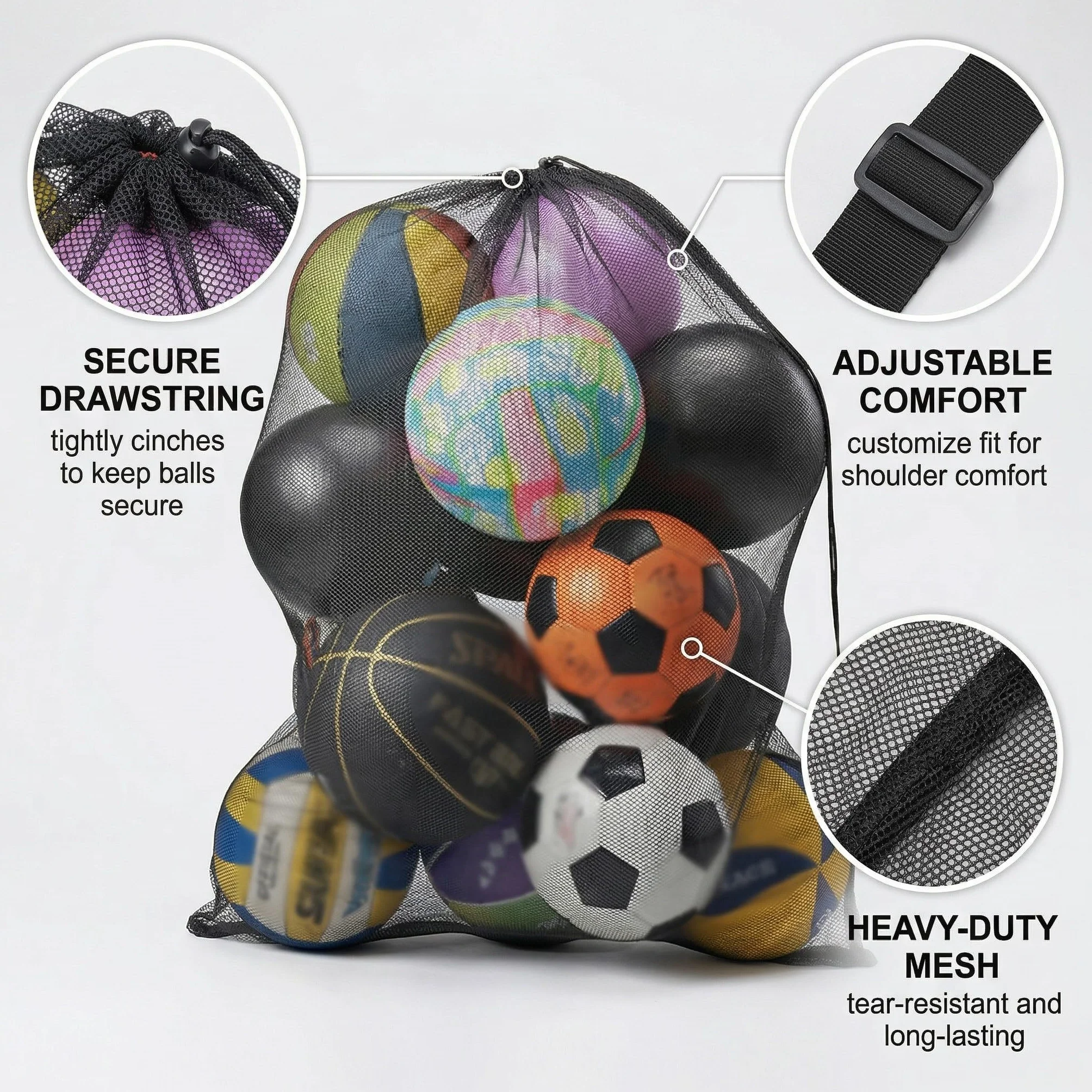 Bolsa de Malla para Balones de Fútbol Grande 30x40 pulgadas 75x100 cm con Cordón y Correa de Hombro