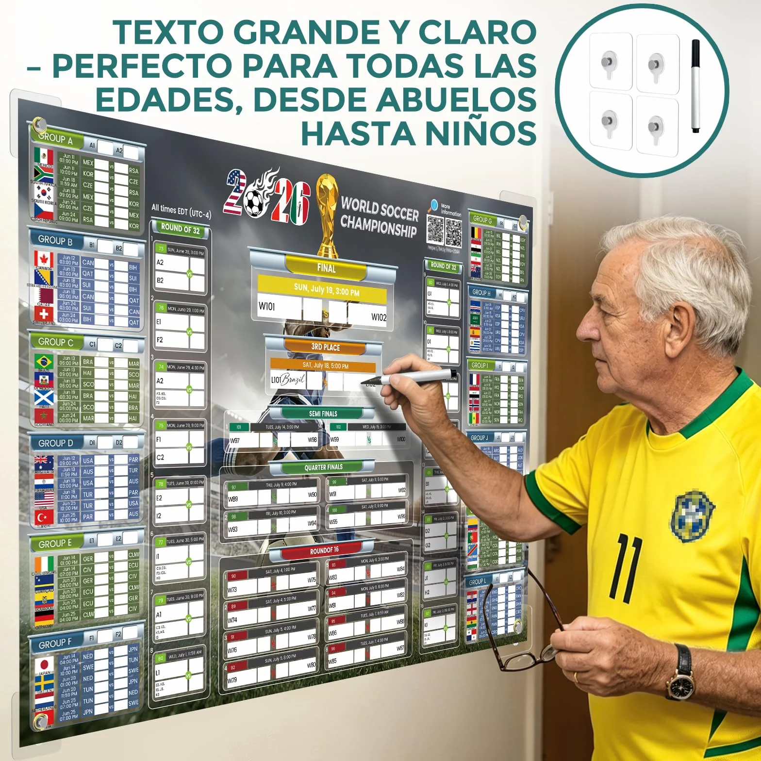 Póster Calendario Mundial 2026 Actualizado Código QR Resultados en Vivo 84.1x59.4 cm Formato Grande Letra Grande Regalo Día del Padre Hogar Bar Oficina UTC-4