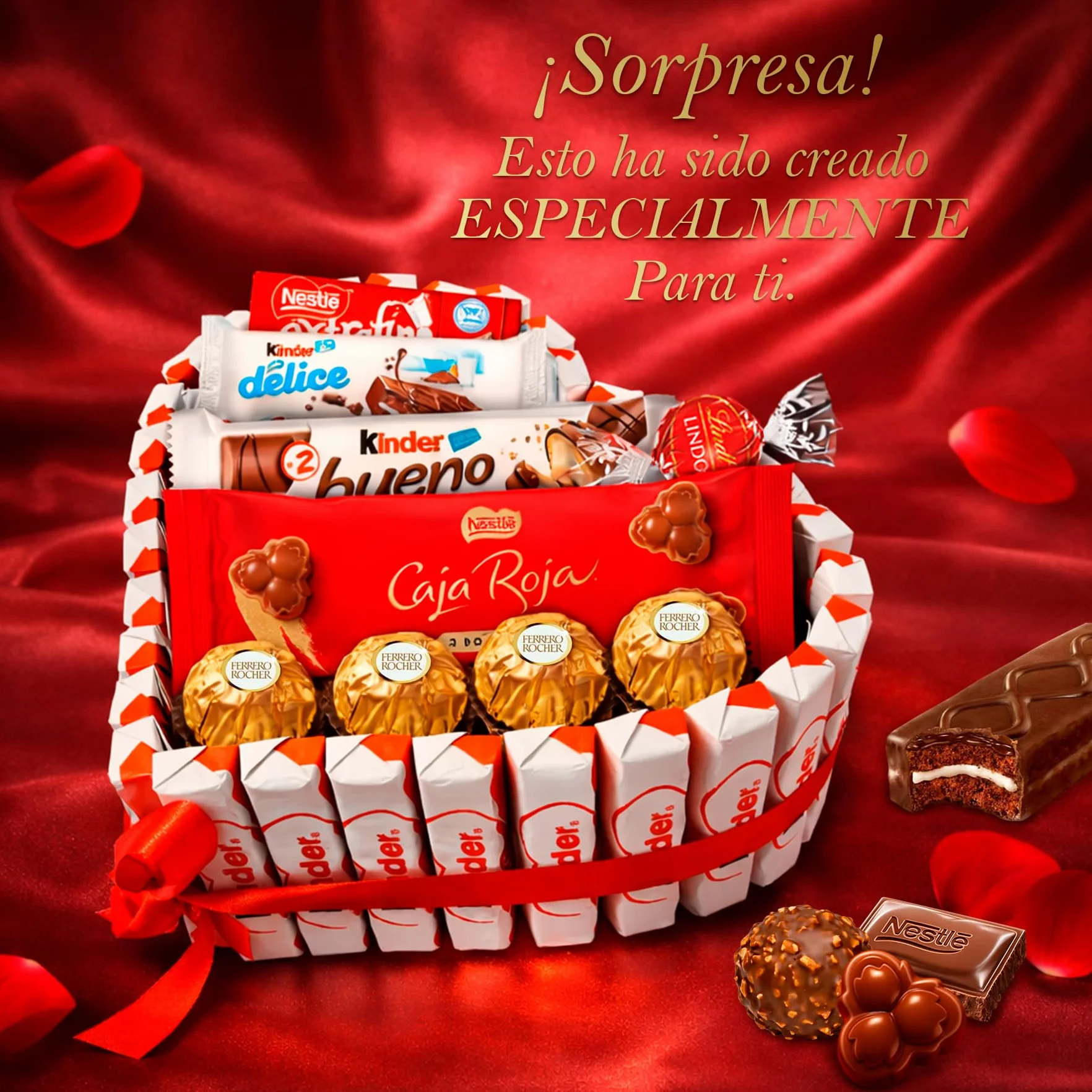 Corazón Sorpresa Regalo Dia del Padre con +40 Bombones y Chocolates – Ferrero Rocher, Lindt Lindor, Caja Roja, Kinder – Tarjeta Personalizada y Presentación Especial