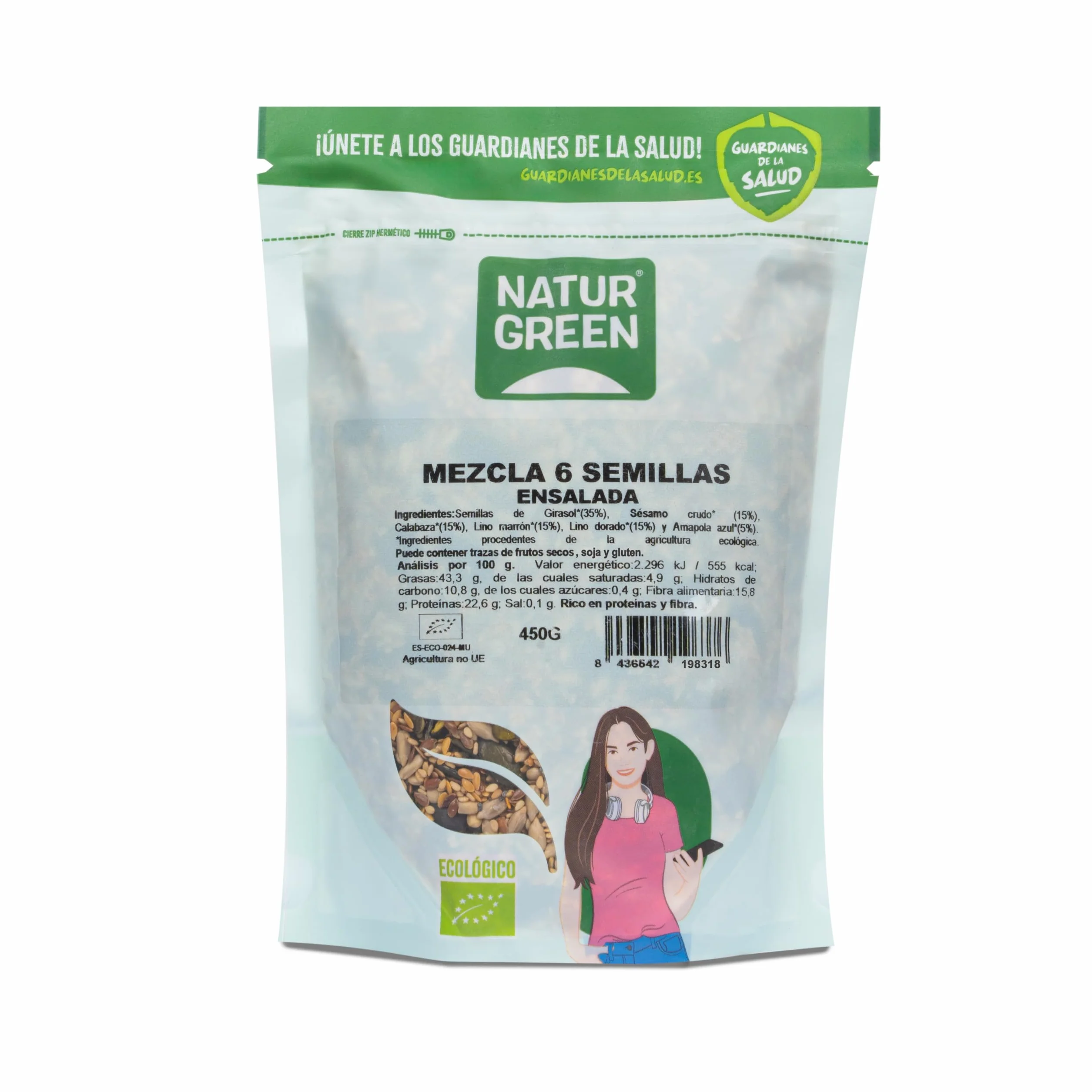 NaturGreen Mezcla 6 Semillas para Ensalada Bio 10 x 450 g, Lino, Girasol, Calabaza, Cáñamo, Sésamo, Chía, Omega 3, Fibra, Proteína, Sin Gluten, Vegano