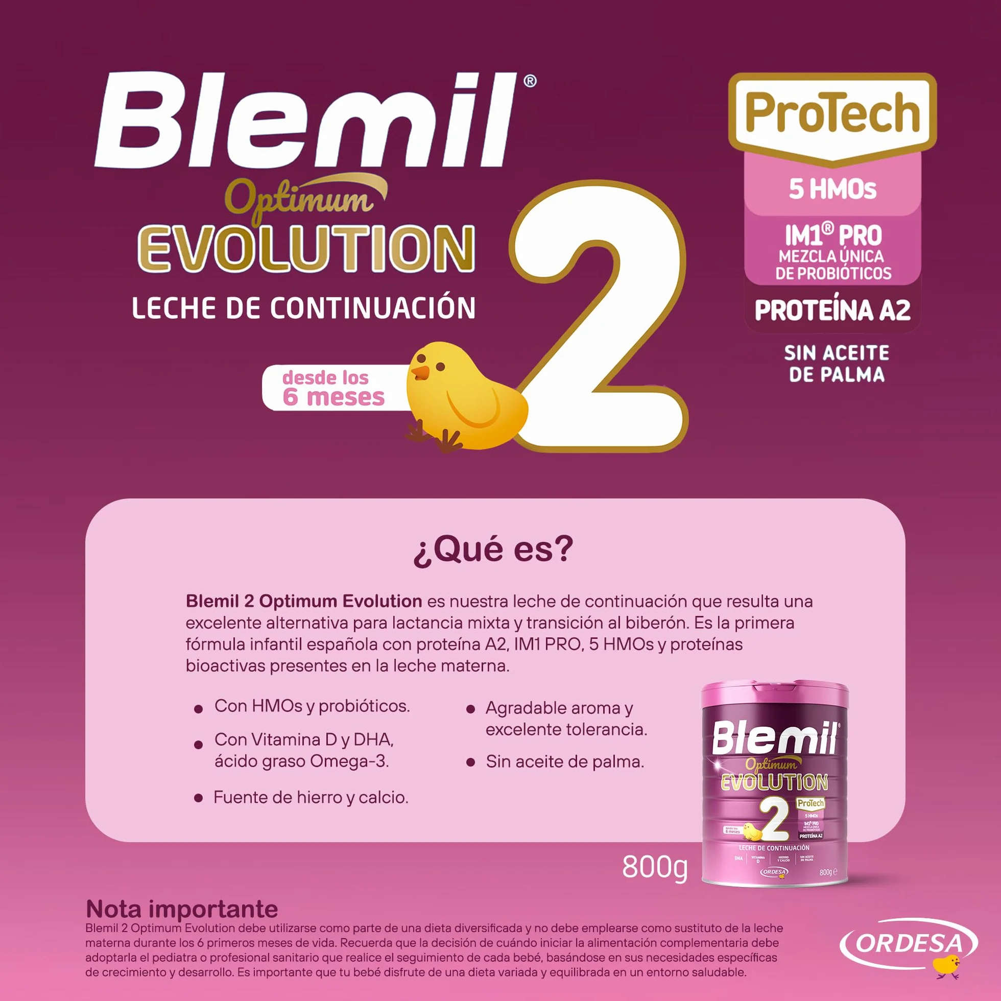 Blemil 2 Optimum Evolution | 800g | Leche de Continuación en polvo para Bebé Desde los 6 Meses