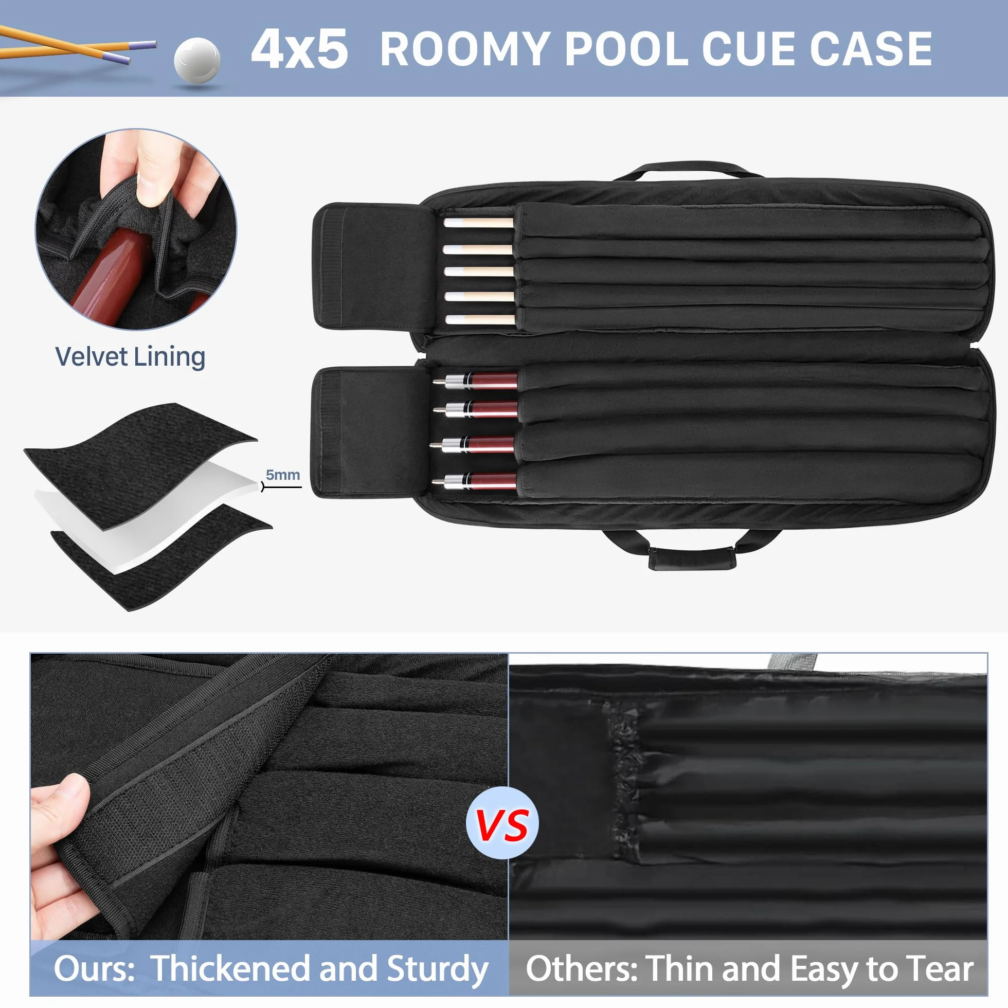 Funda para Tacos de Billar 4x5 Pulgadas, Bolsa de Transporte para Palos de Billar con Capacidad para 4 Traseros y 5 Ejes