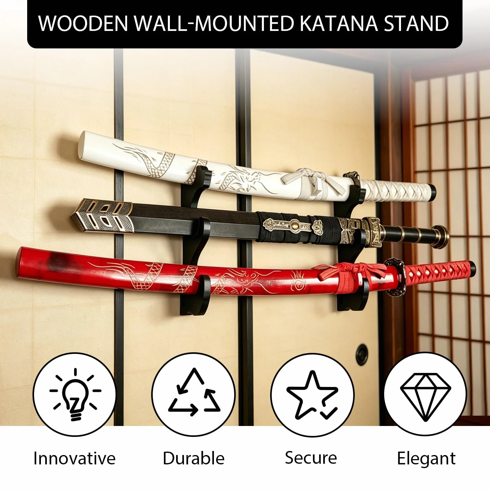 Soporte para Katana 3 Niveles Estante de Pared Madera Exhibición Espada Organizador Vertical Sable Wakizashi Tanto