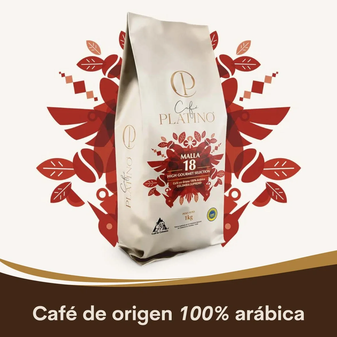 Café Platino - Café Molido de Colombia Supremo Tostado 1Kg - 100% Arábica - Malla +18 High Gourmet Selection