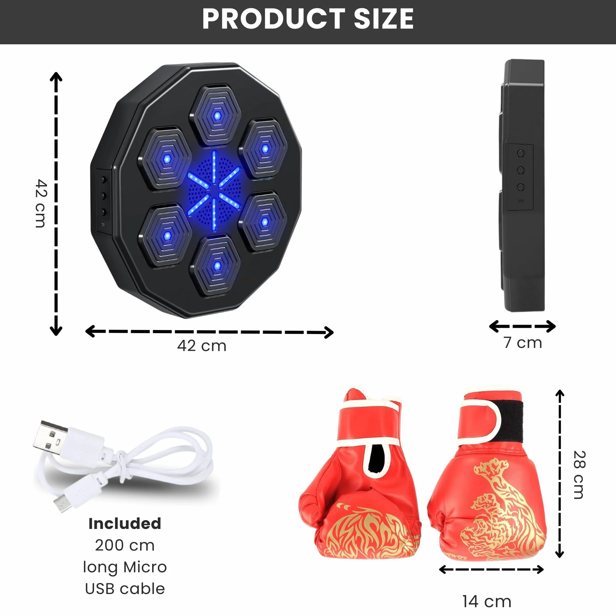 MAGIC SELECT Máquina de Boxeo Musical, Almohadilla de Boxeo LED con Bluetooth, 42x42x7 cm