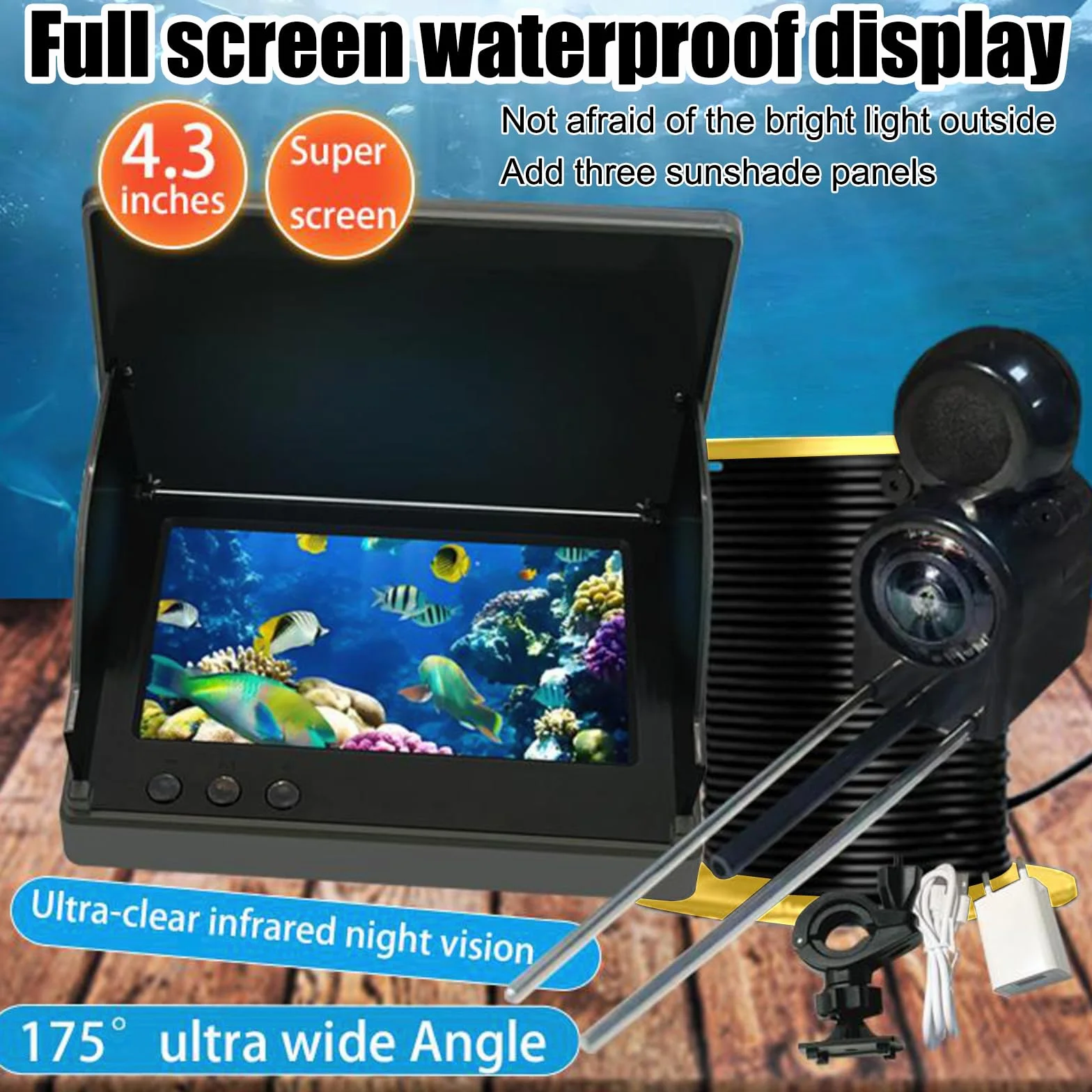 Cámara de Pesca Subacuática 4,3" IPS IP65 Visión Nocturna Infrarrojos Gran Angular