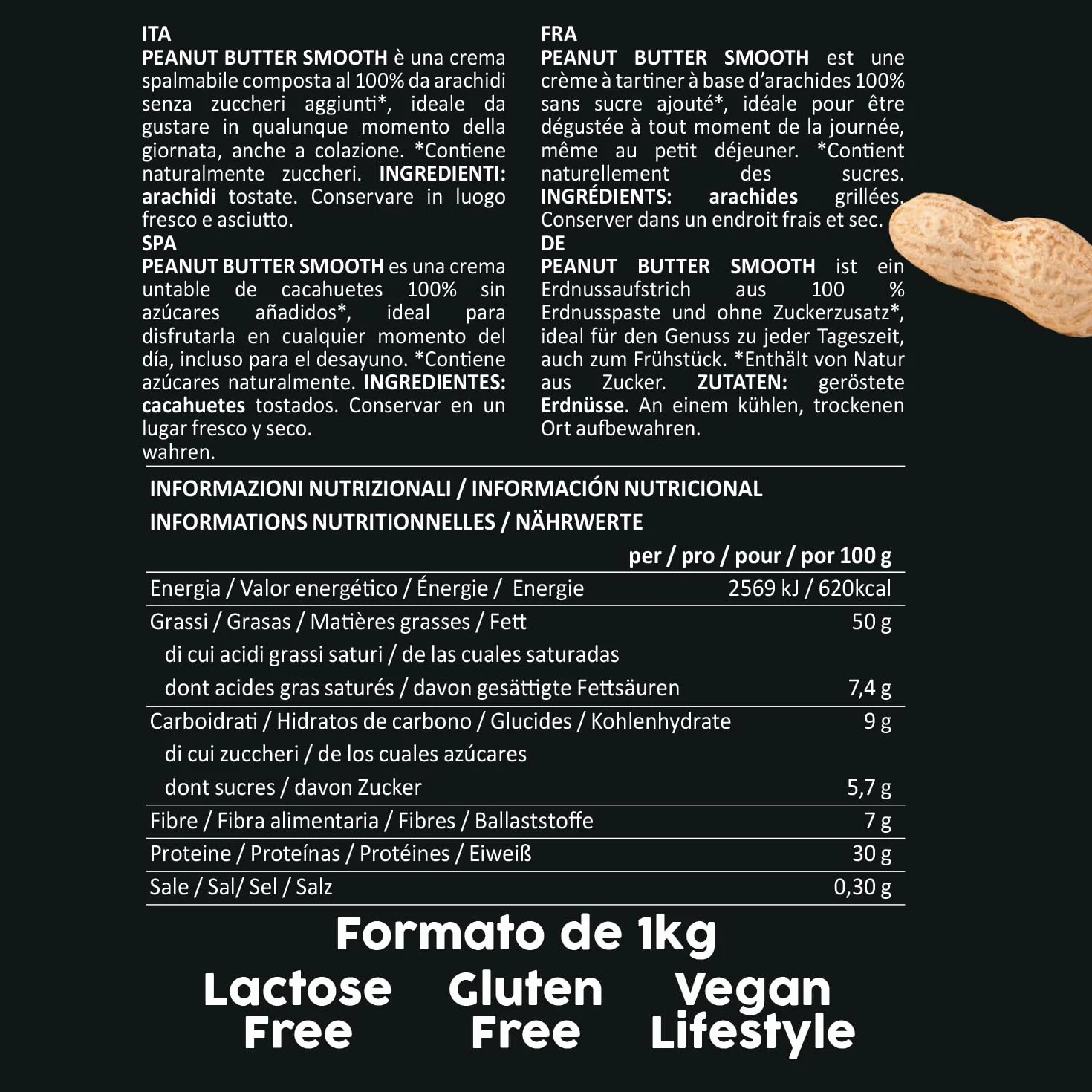 Crema De Cacahuete Smooth 1kg - Peanut Butter 100% Natural - Calidad Italiana - Crema De Cacahuete Sin Azucar Añadidos - Sin Aceite De Palma - Mantequilla De Cacahuete Para Untar
