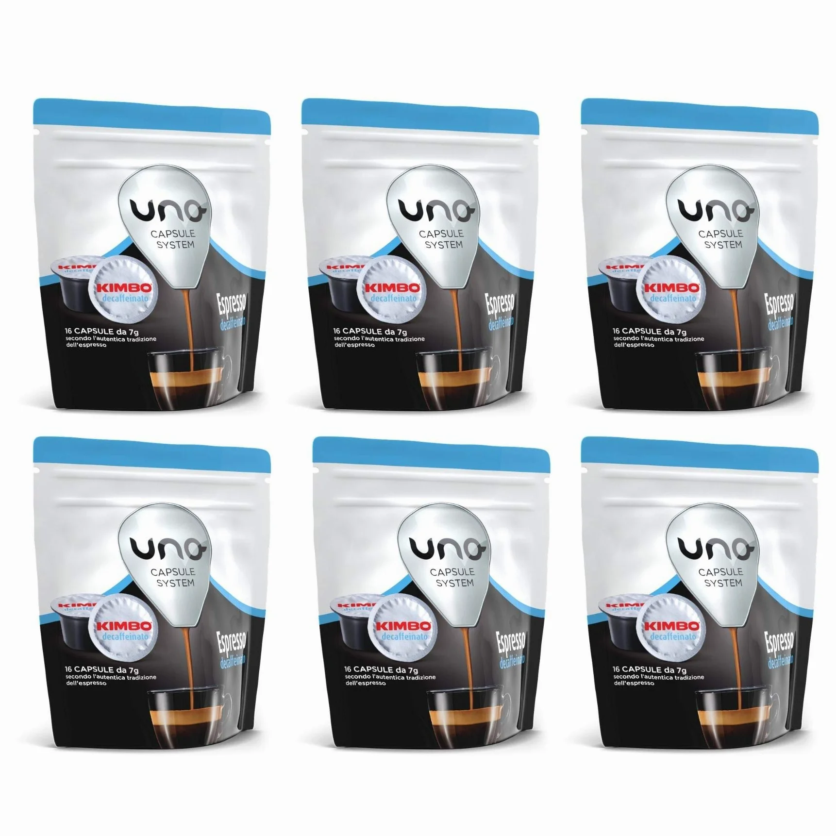 Kimbo Cápsulas de Café Espresso Descafeinado (Deca), Kimbo UNO System, 6 paquetes de 16 cápsulas (Total 96 Cápsulas)