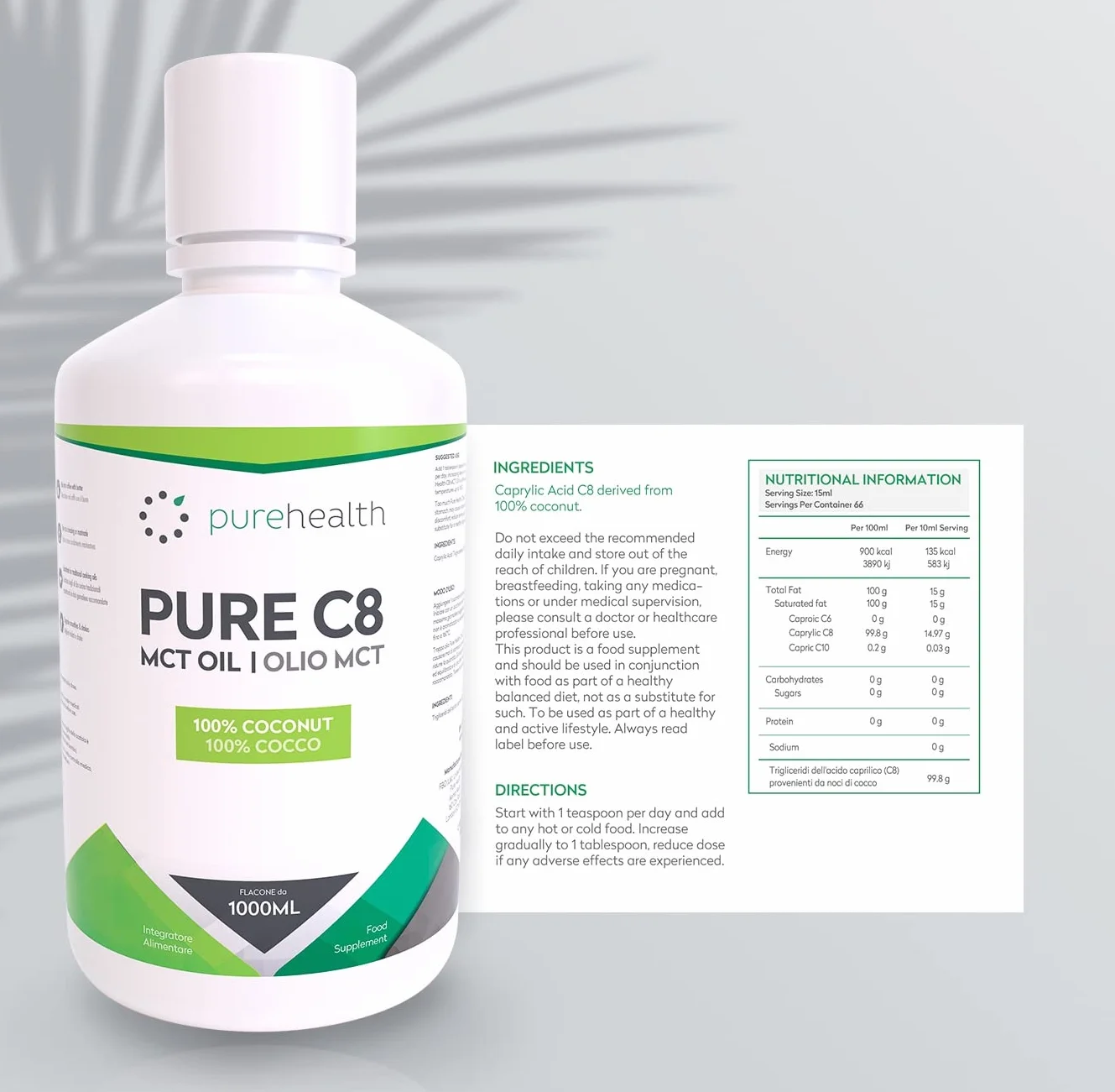 100% Aceite de coco C8 MCT | Pureza de 99% | Ácido Caprílico Puro C8 | NON_GMO | 1000ML | Paleo | Cetogénica | Vegana | Sin gluten | Sin BPA (1000ml Coco C8)
