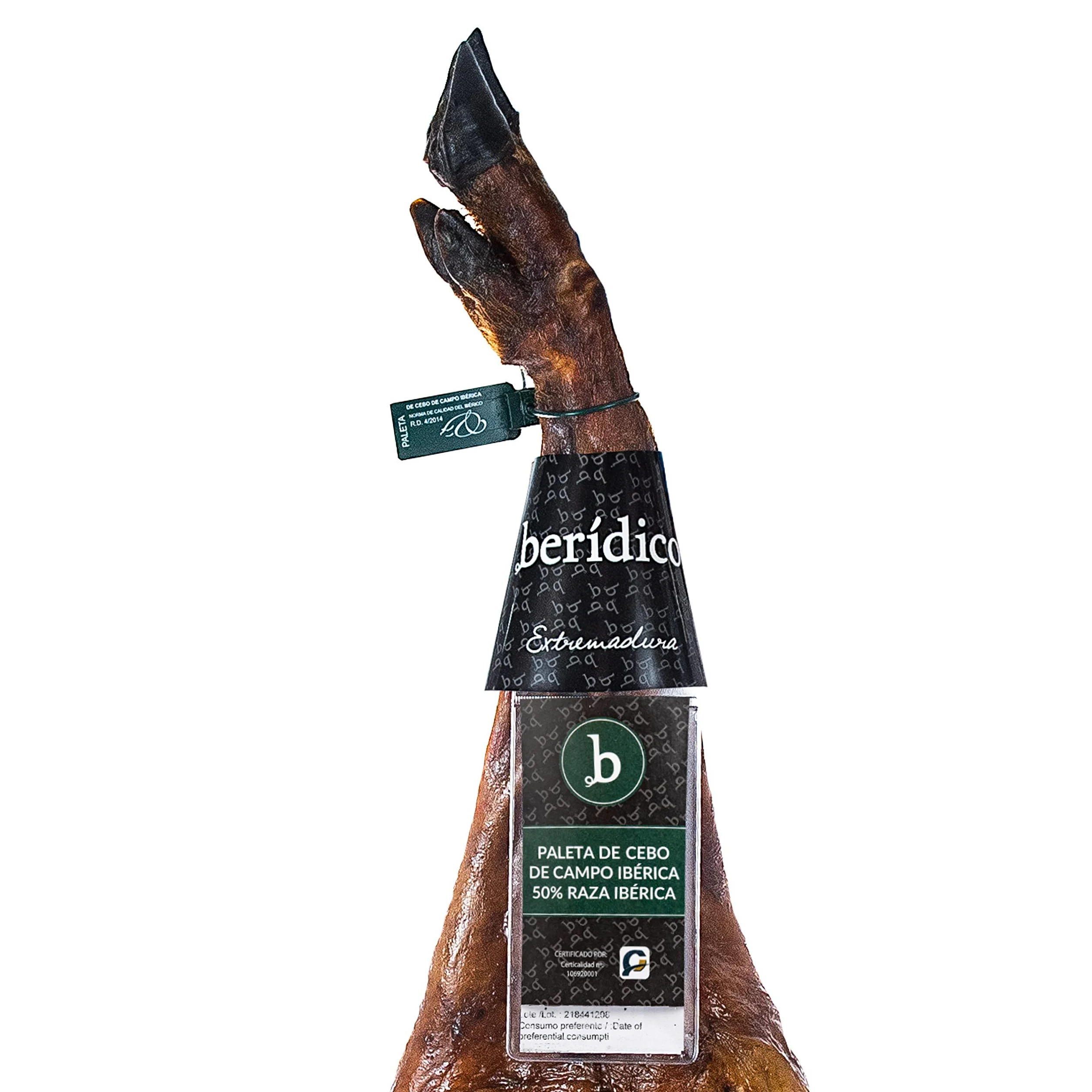 Paleta de Cebo de Campo Ibérica. 50% Raza Ibérica. "Etiqueta Verde". Pieza de 5 Kg aprox. Elaborada Artesanalmente. BERÍDICO. Paleta Iberica. Extremadura.