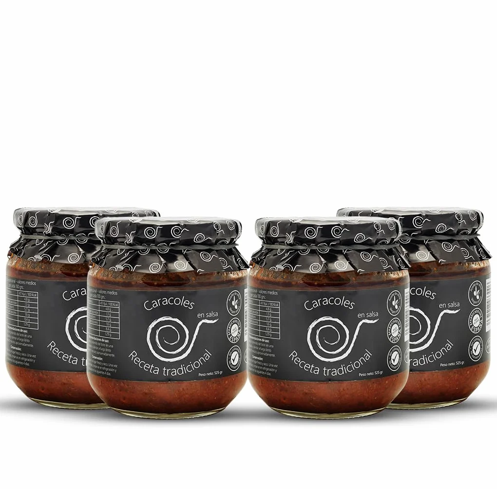 Caracoles en Salsa Casera – Pack 4 Tarros 550g con Chorizo y Jamón – Conserva Gourmet Artesana – Hecho en España