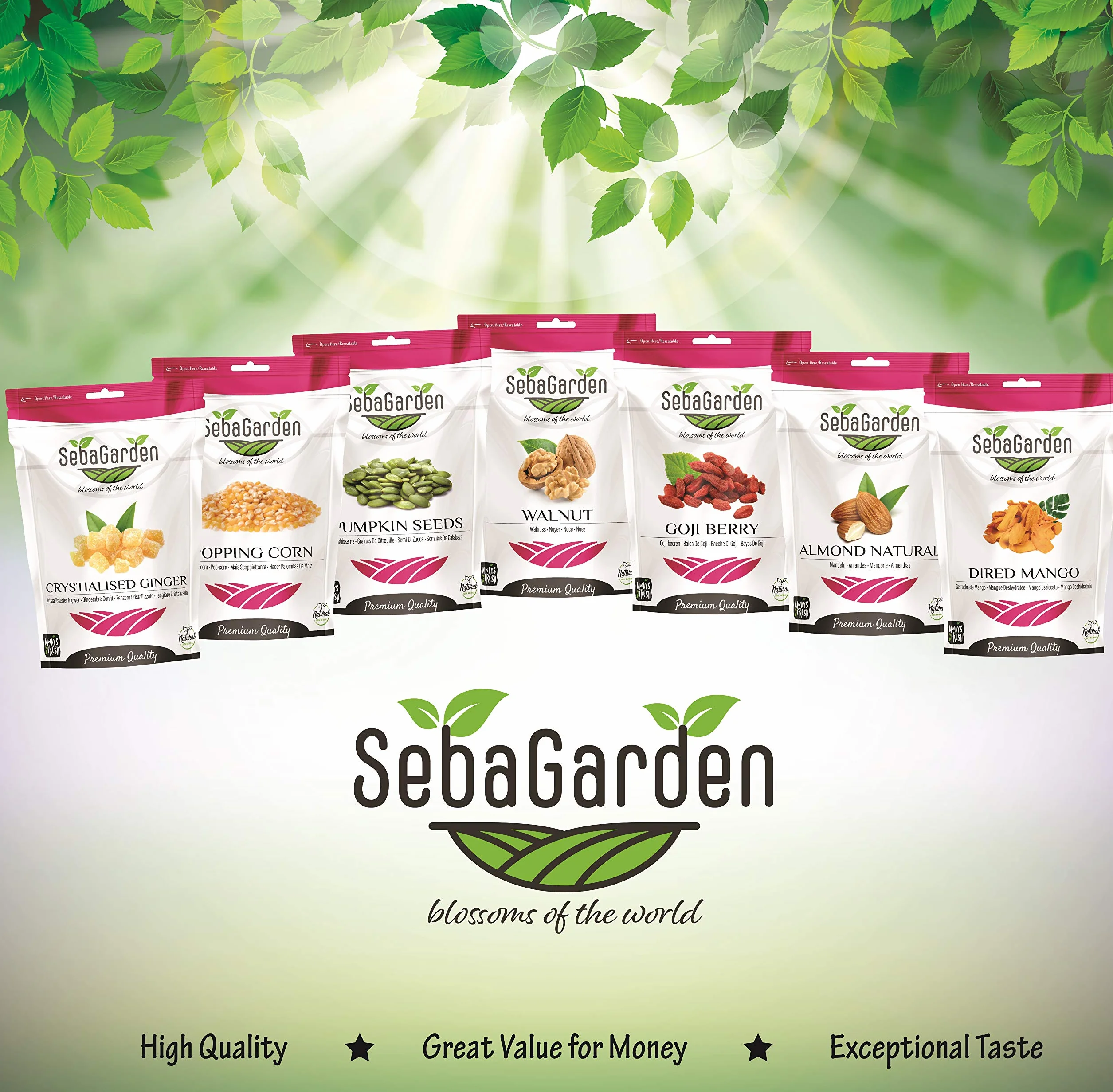 Seba Garden Almendras californianas crudas, 1 kg, enteras naturales, bolsas con cierre hermético