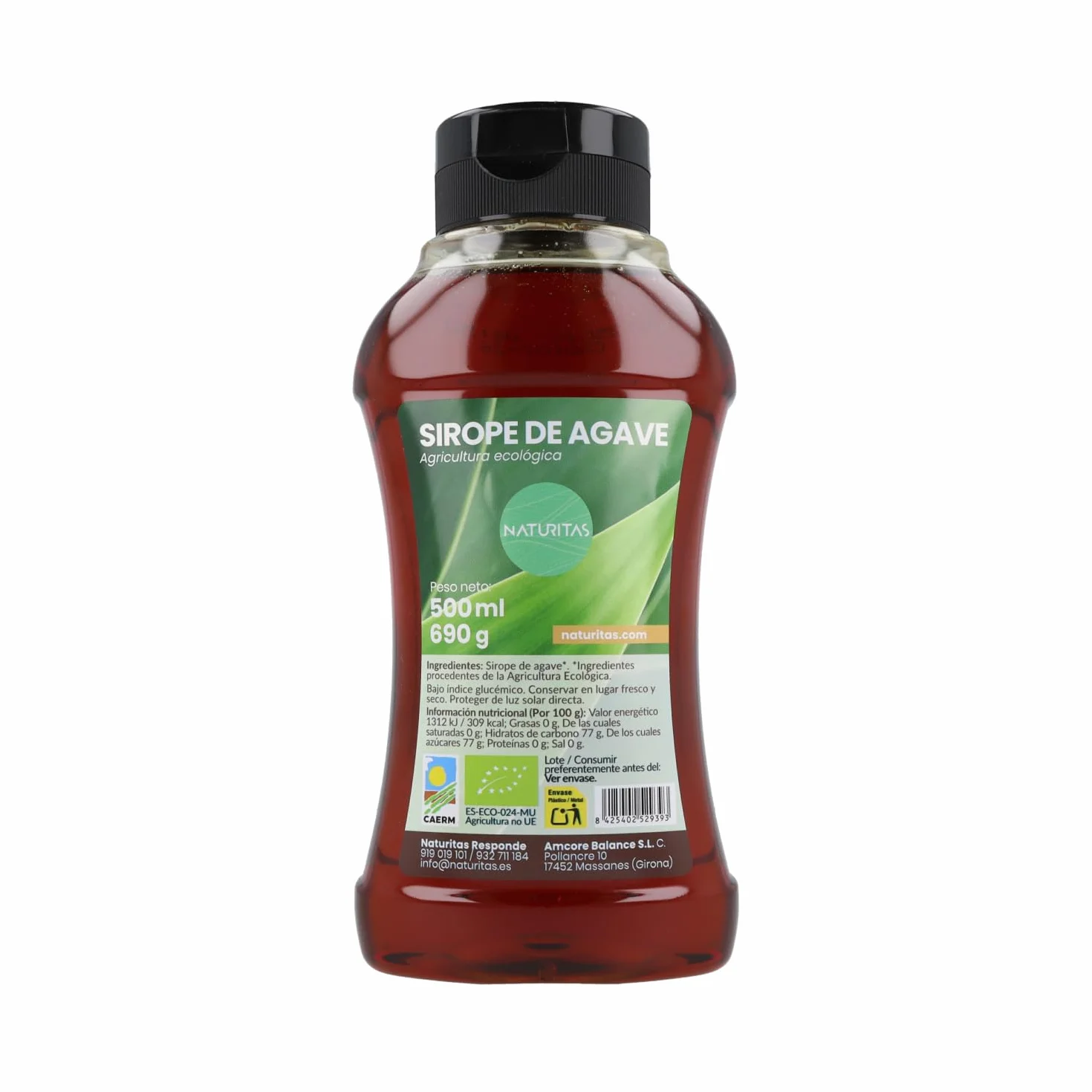 Sirope de agave BIO 100% puro con antigoteo | 690 g | Naturitas Essentials | Sirope de agave Bio 100% puro | Endulzante de bajo índice glucémico | Endulzantes y Mieles