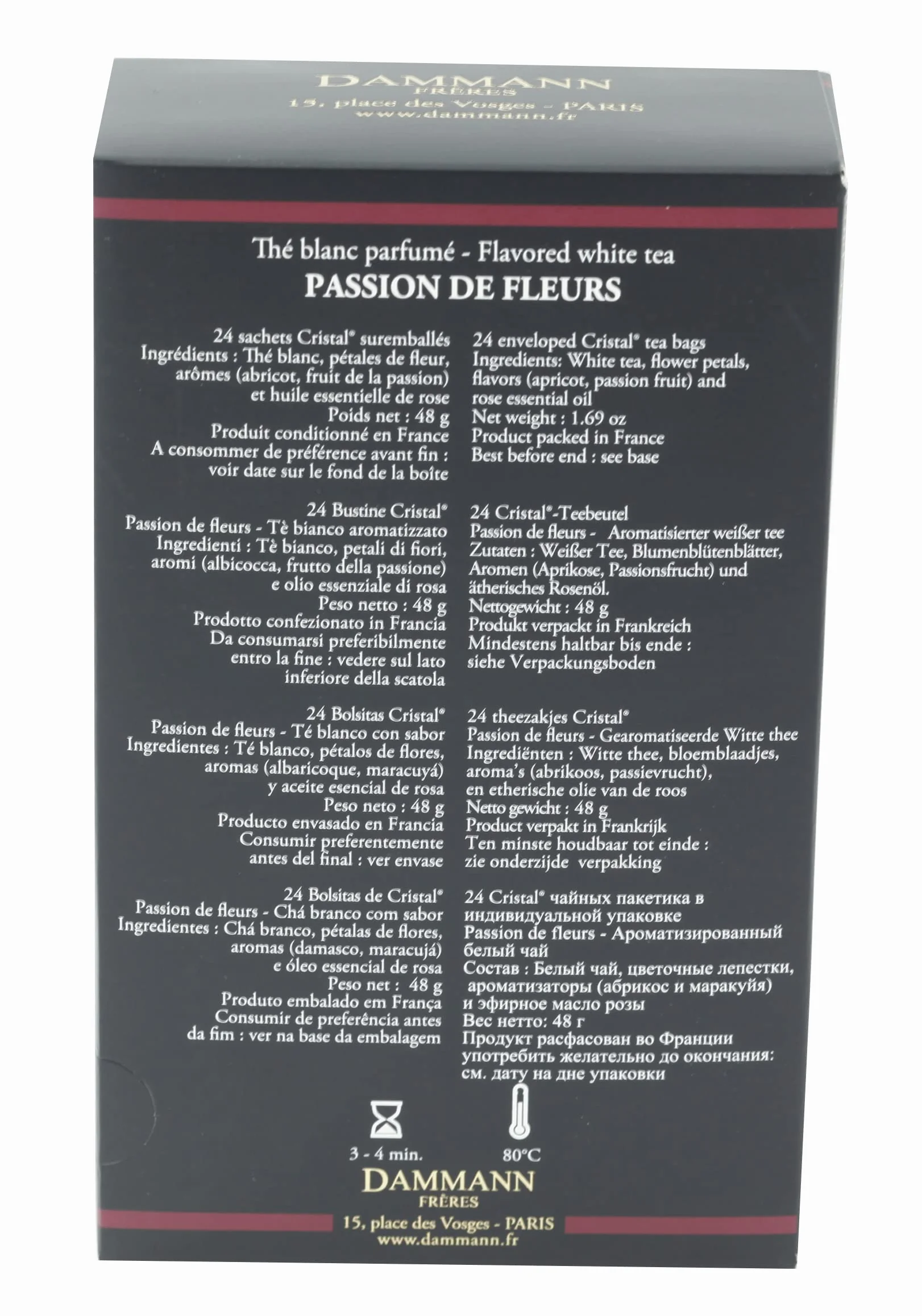 Dammann Frères Passion de Fleurs té blanco con rosas, albaricoque y maracuyá, 24 bolsitas