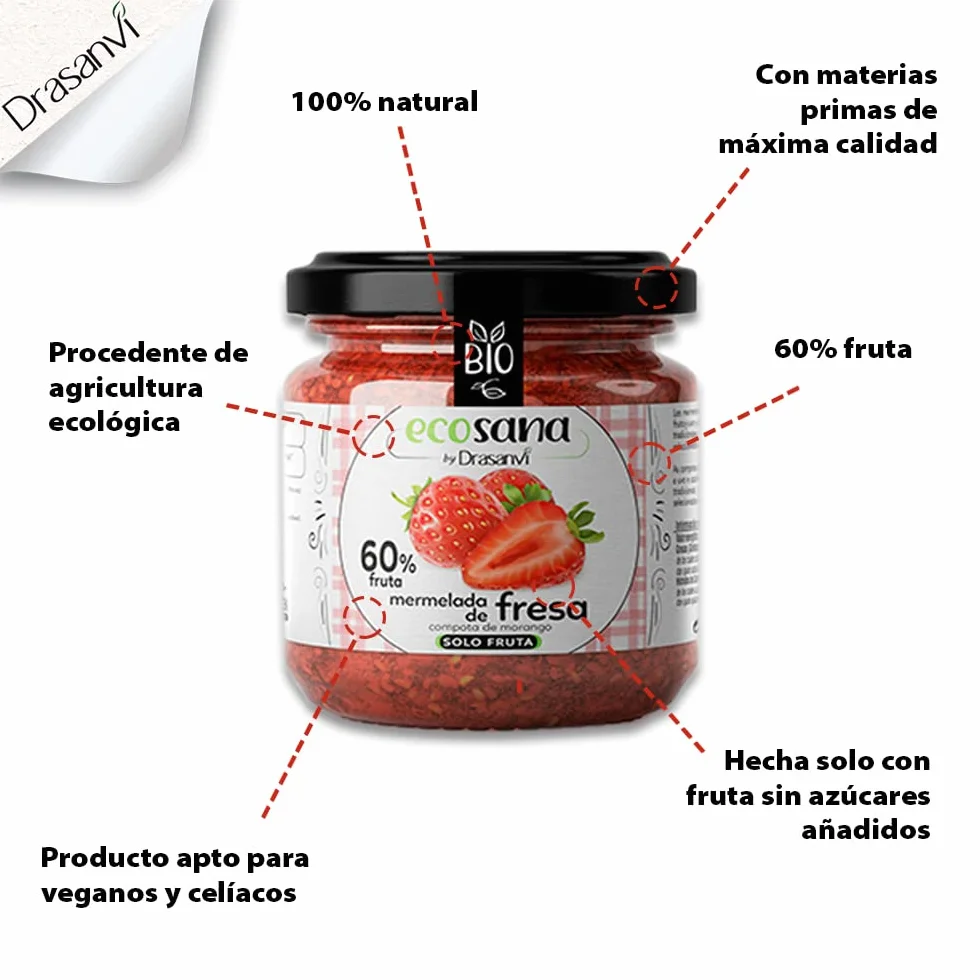 Drasanvi ECOSANA Mermelada de Fresa sin Azúcar Bio,con Vitaminas del Grupo B, Vitamina C, Minerales y Omega 3 |Fuente de Energía, Antioxidante | Deliciosa y Endulzada con Zumo de Uva,250 g