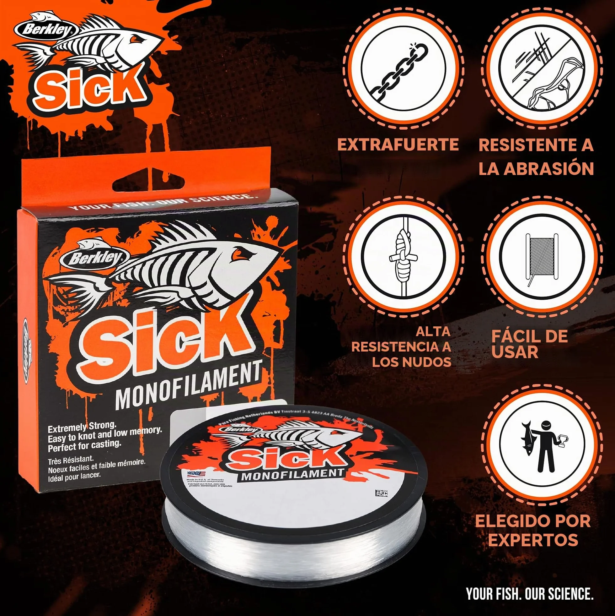 Berkley Sick Hilo de Pesca de Nailon Monofilamento Fuerte Tensión Baja Elasticidad Resistente Abrasión Agua Dulce Salada