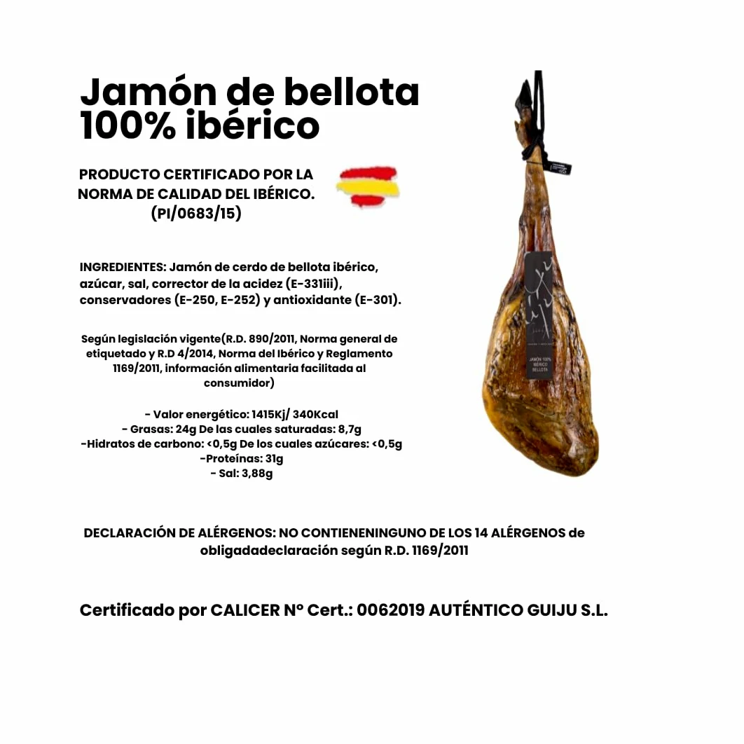 Jamón Ibérico de Bellota 100% Ibérico, Pata Negra, Aprox. 8-8,5 kg, con Chorizo o Salchichón de Bellota y Cuña de Queso de Oveja+miel natural de encina, Marca Guiju.Certificado brida negra.