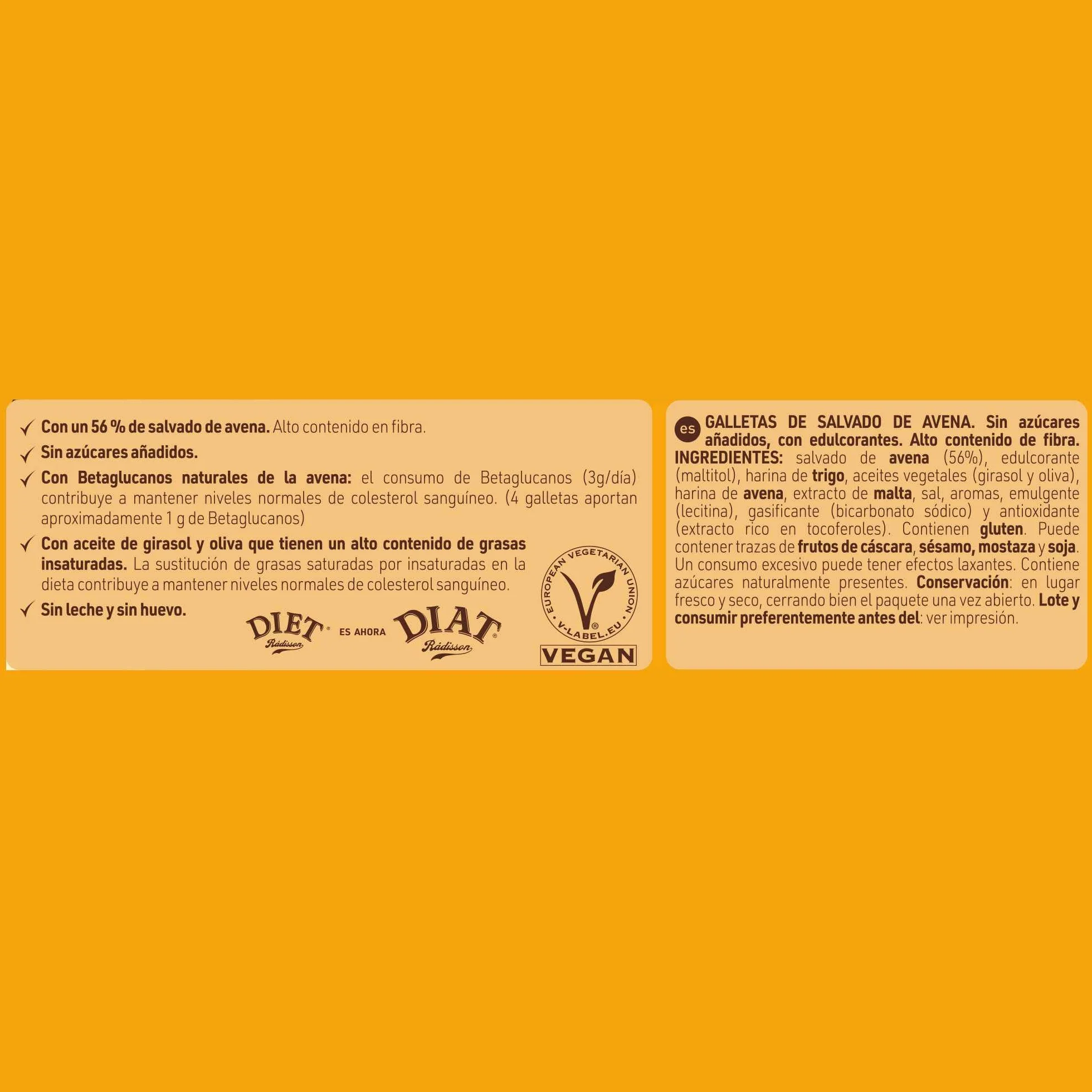 DIAT Radisson - Galletas de Salvado de Avena | Vegan y sin Azúcar Añadido | Ricas en Fibra | Enriquecidas con Ácido Fólico | Galletas Veganas de Avena