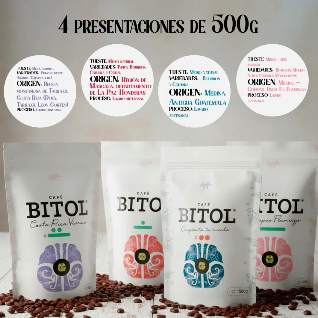 Cafés Bitol Pack 4 Cafe Mesoamérica 500 gr c/u | Costa Rica Tarrazú, Marcala Honduras, Flamingo Chiapas y Guatemala Antigua | Notas de Cítricos, Frutas, Caramelo y Cacao