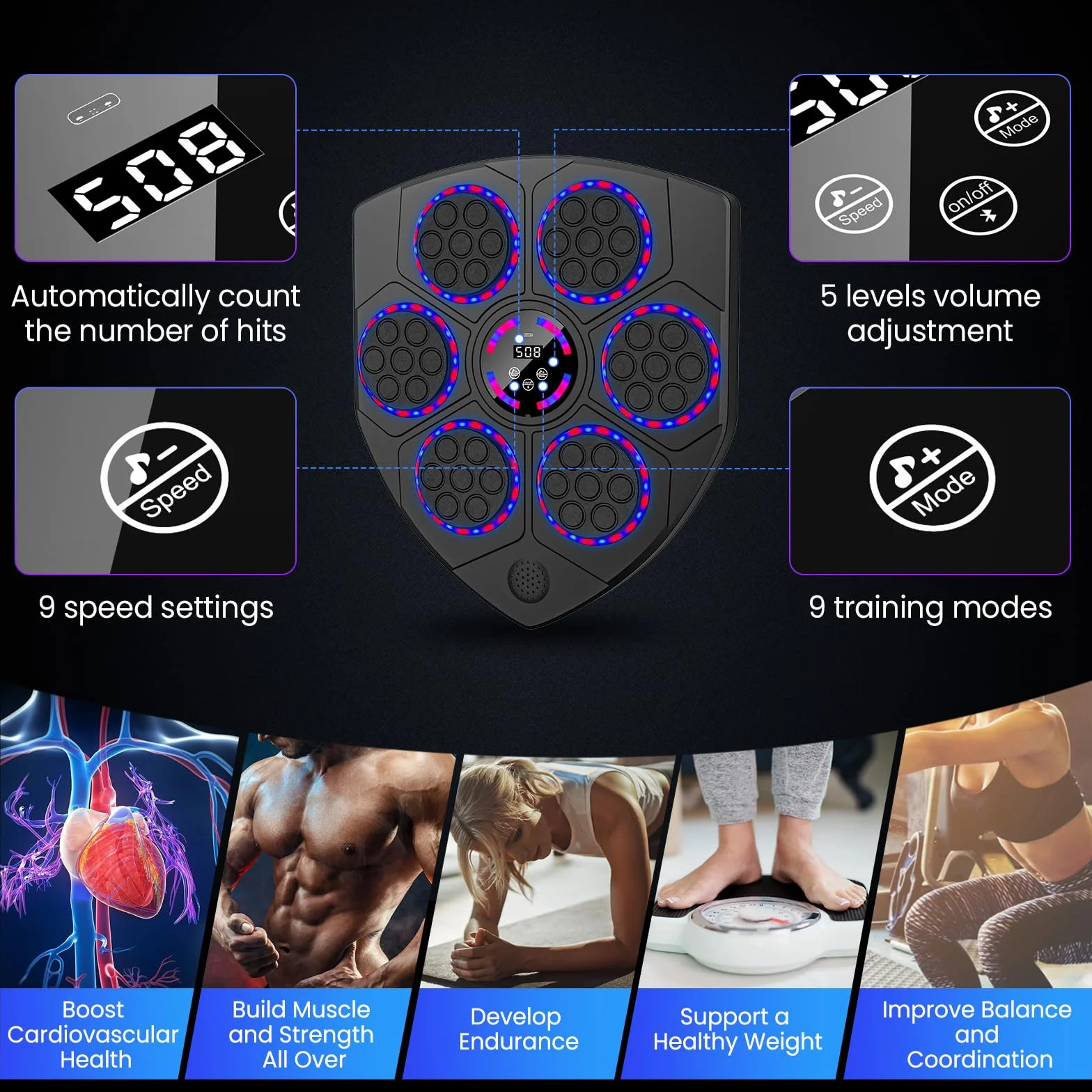 Máquina de Boxeo Musical Inteligente con Bluetooth, 9 Velocidades, Guantes Incluidos, para Adultos y Niños