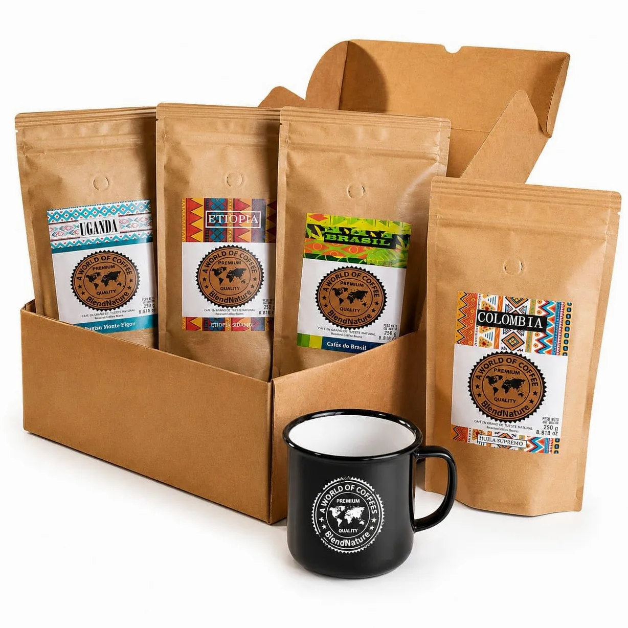 Café pack 4 x 250g en Grano - Seleccion mejores Cafes del mundo Arabicas +Brasil Colombia Etiopia y Tanzania + Caja regalo + Taza vintage - Maxima calidad avalada por la SCA
