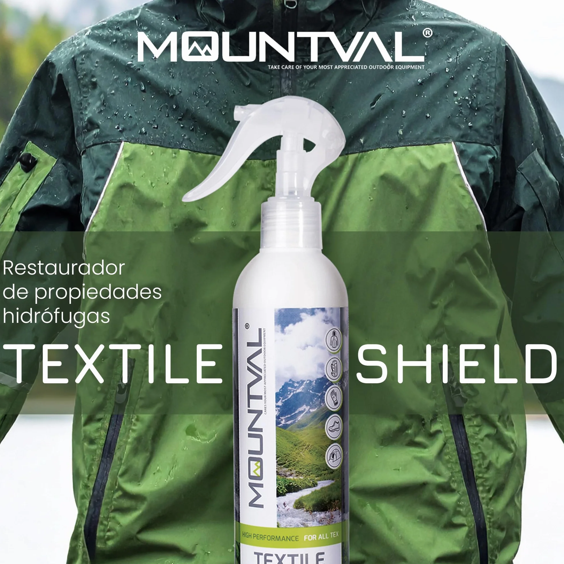 Mountval Textile Shield Aerosol Impermeabilizante para Clima Húmedo y Prendas Senderismo 300 ml