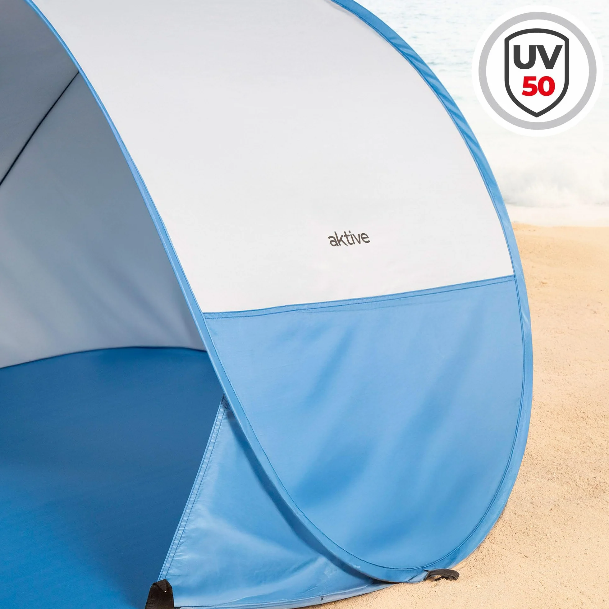 AKTIVE Tienda Playa Pop up 148x148x90 cm Azul Protección UV50 Poliéster Paravientos Plegable Bolsa Transporte