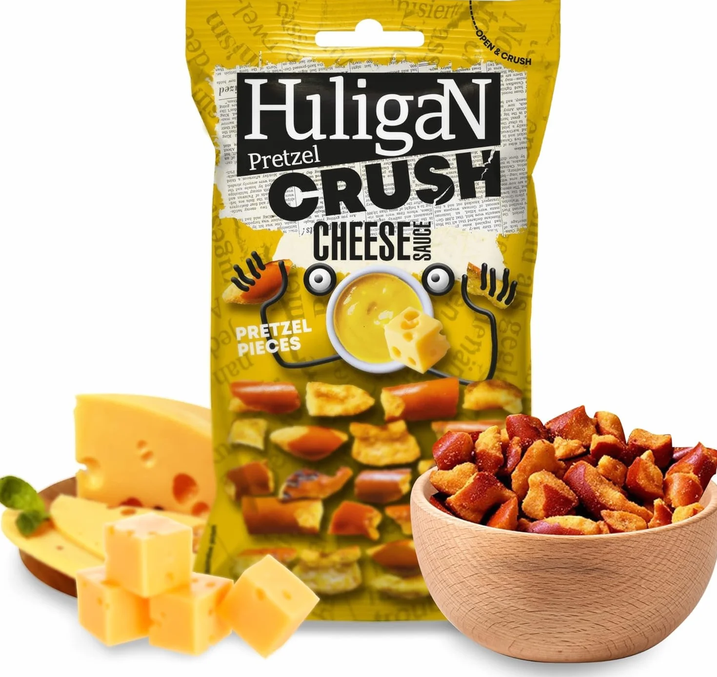 Huligan Pretzels Salsa de queso triturado 18 x 65 g Pretzel horneado finos aperitivos salados vegetariano jalapeños crujientes multipack