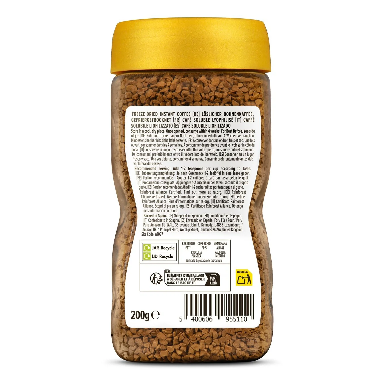 by Amazon - Café soluble liofilizado Gold, tueste medio, 200g, paquete de 6, certificado Rainforest Alliance