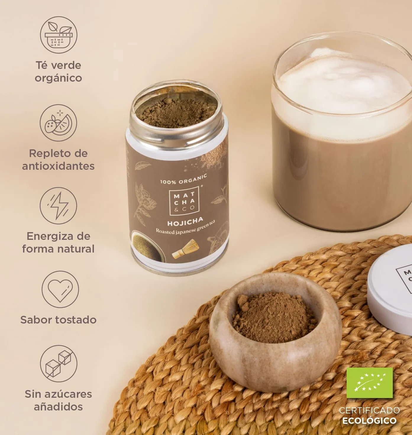 Matcha & CO: Hojicha Orgánico de Japón en Polvo – Té Verde Tostado 100% Natural – Sabor Ahumado con Notas Tostadas – Bajo en Cafeína y Rico en Antioxidantes