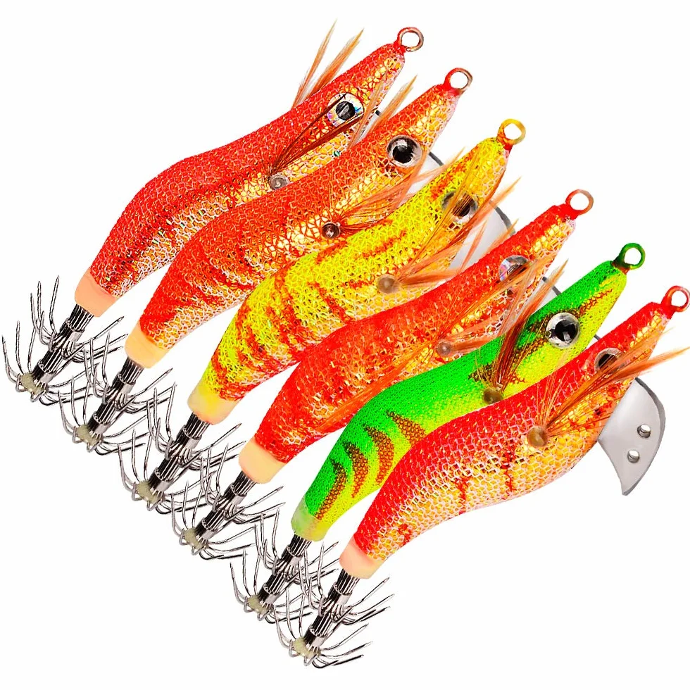 Cebos de Pesca Calamar Pulpo Camarones, Jig Ganchos Señuelo Falso 6pcs