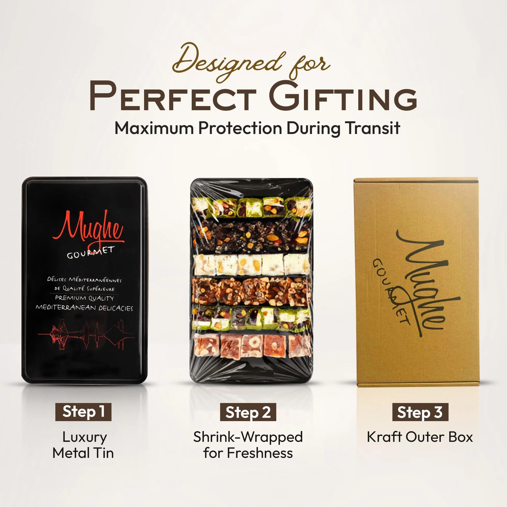 Mughe Gourmet Caja de regalo de delicias turcas gourmet surtidas Delicia turca de Pistacho, naranja, avellana y almendra - 650gr/1.43lbs - Halal y vegetariano - Regalos perfectos para cumpleaños y más