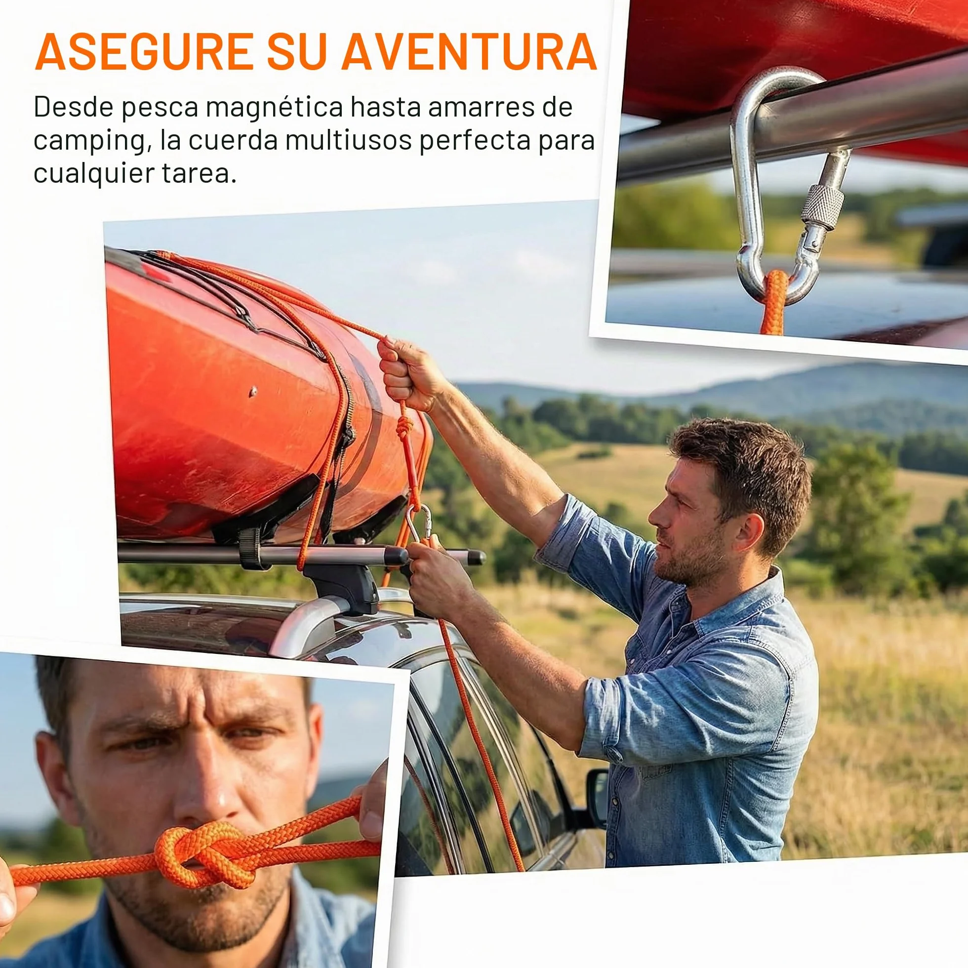Cuerda de Escalada Auxiliar 20m 6mm con Mosquetón Naranja Multiusos