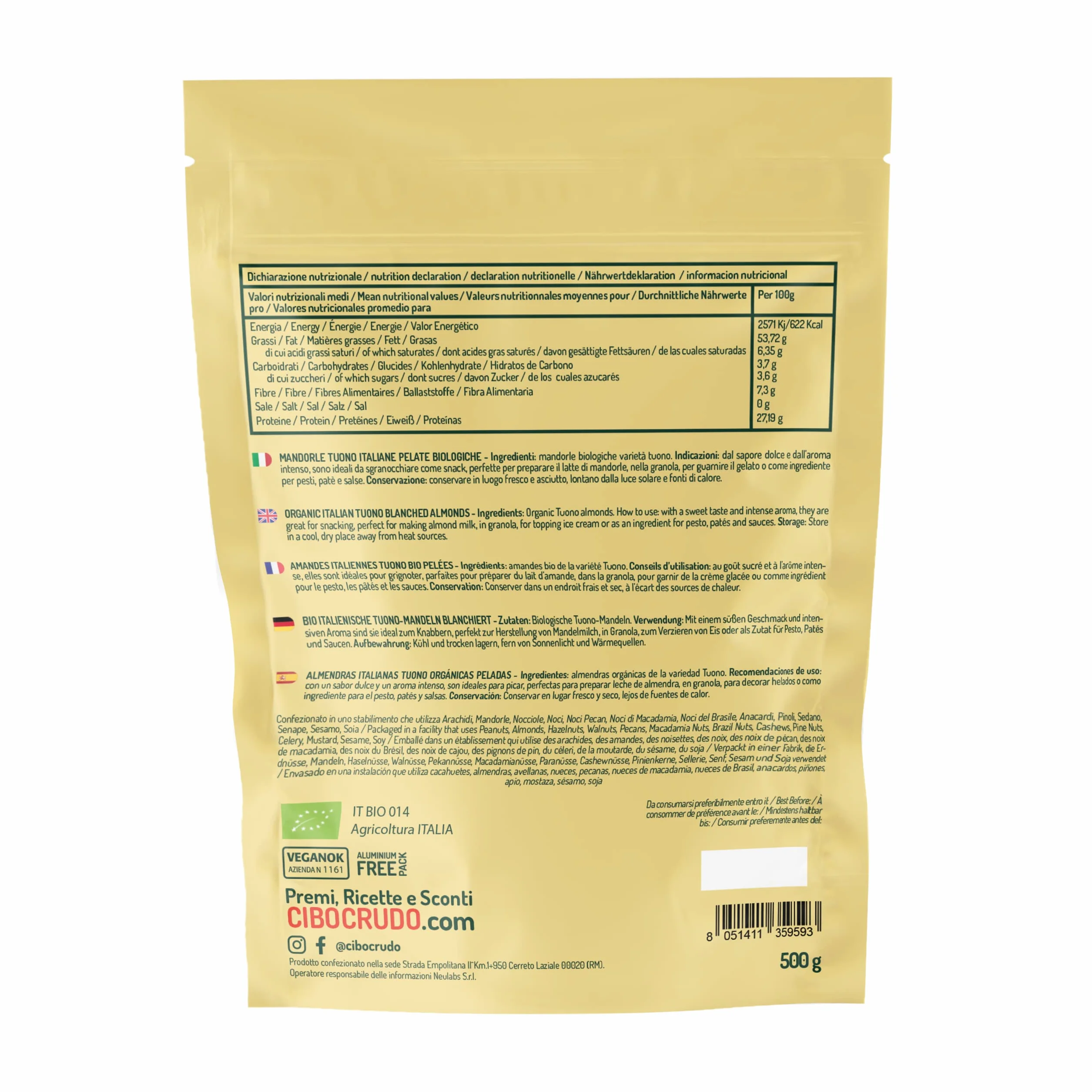 Almendras Crudas Peladas Ecologicas - 500g. Almendra Siciliana Pelada Cruda y Orgánica no Tostada. Fuente de Calcio y Vitamina E. Frutos secos de Sicilia.