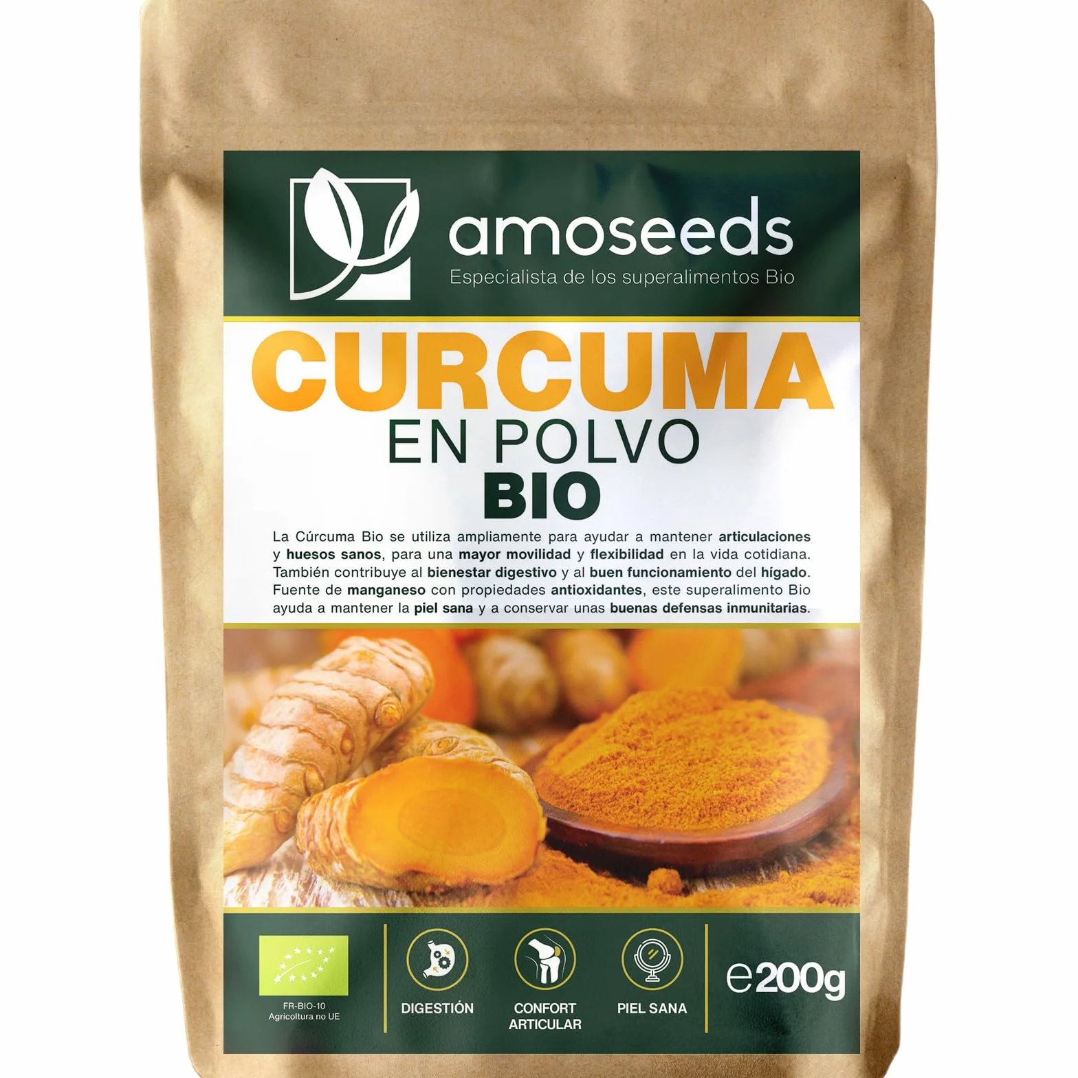 Cúrcuma en polvo Bio 200G | 100% Raíces de Cúrcuma Orgánica con Curcumina | Articulaciones, Digestión | Para Comidas, Golden Latte | Primera Calidad