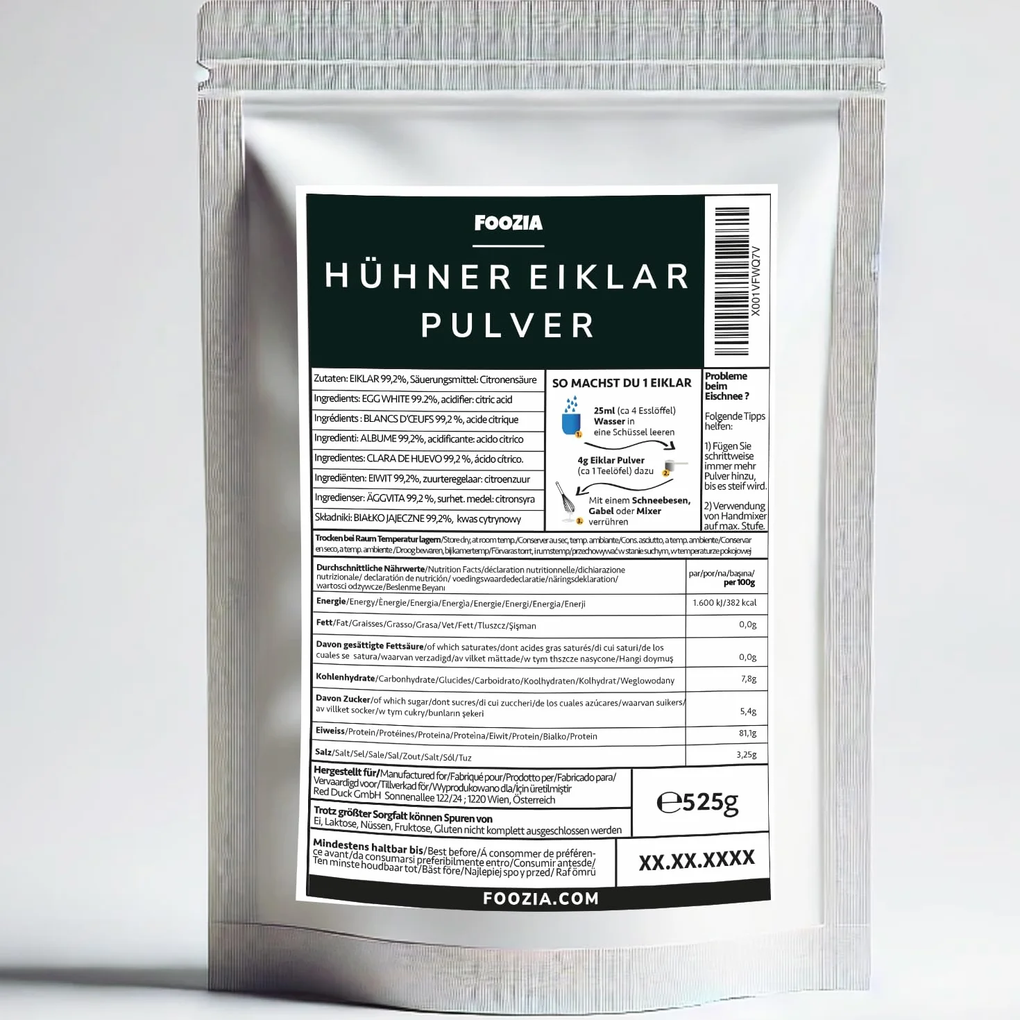 Foozia Clara de huevo en polvo 525 g Pur Egg White Powder Proteína de huevo