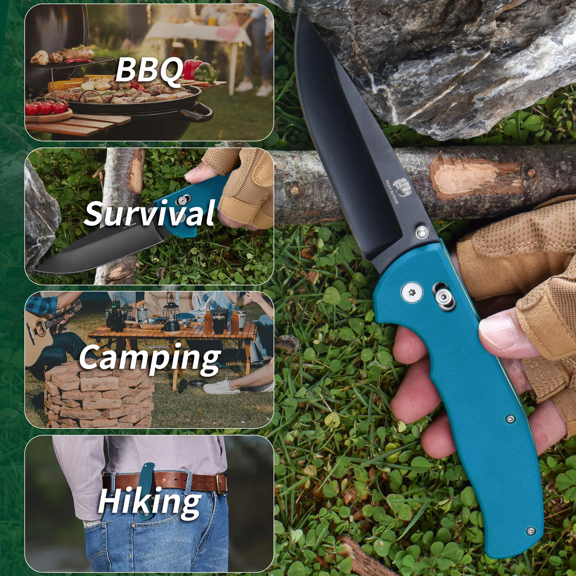 FULLHI Navaja de Bolsillo Plegable G10 con Mosquetón Clip para Camping Supervivencia Senderismo Cuchillos (Azul-negro)