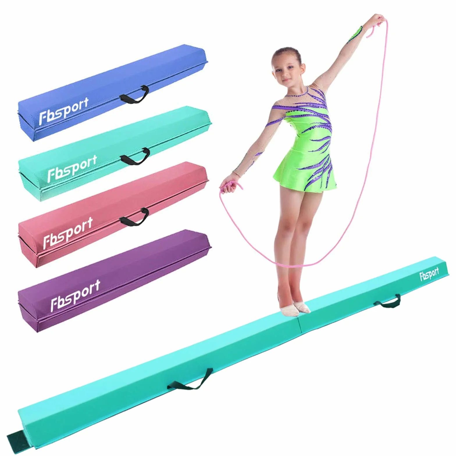 FBSPORT Barra de Equilibrio Plegable 240 cm PU Cuero con Bolsa de Transporte, Viga de Gimnasia Artística Antideslizante