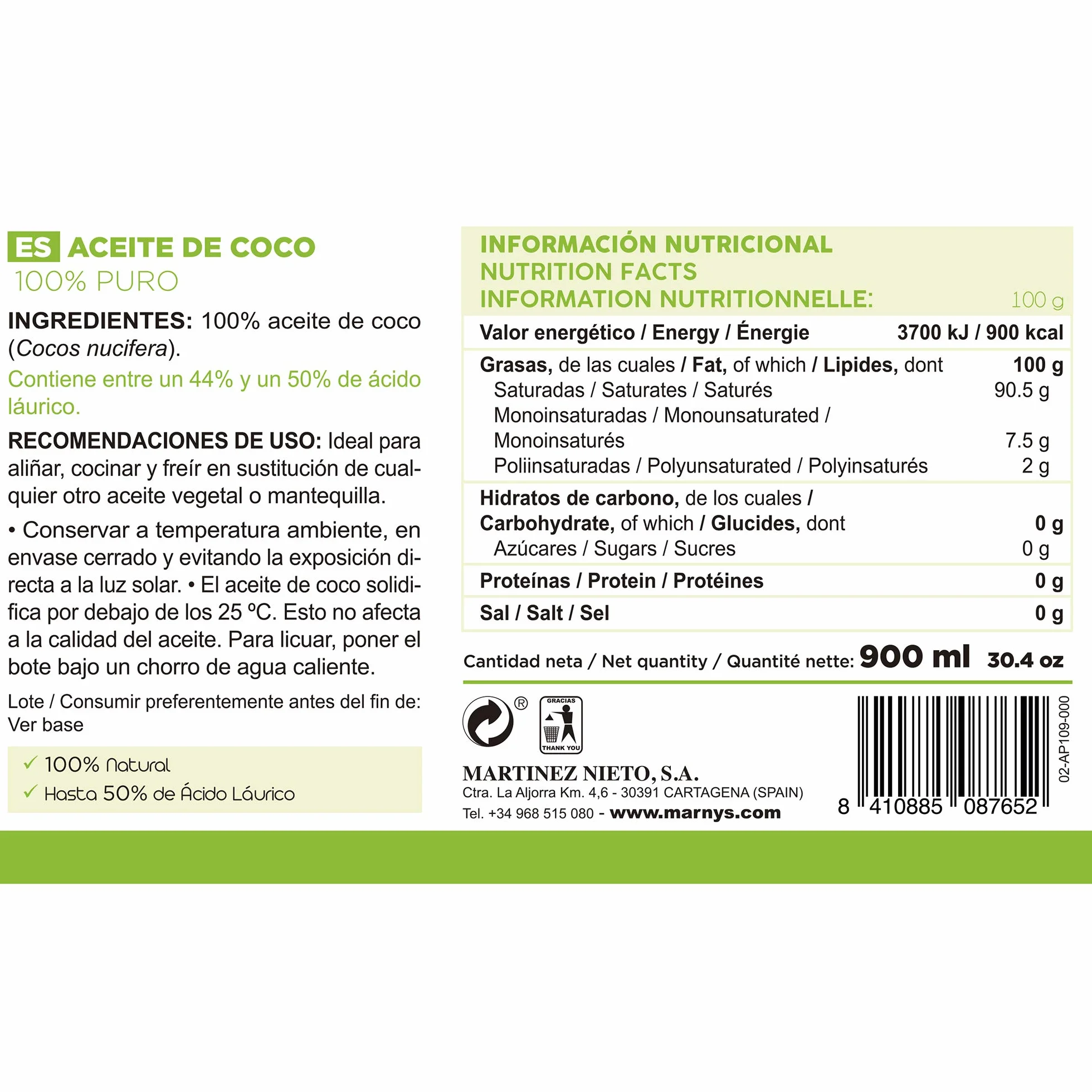 MARNYS Aceite de Coco Alimentario 100% Puro Natural 900ml