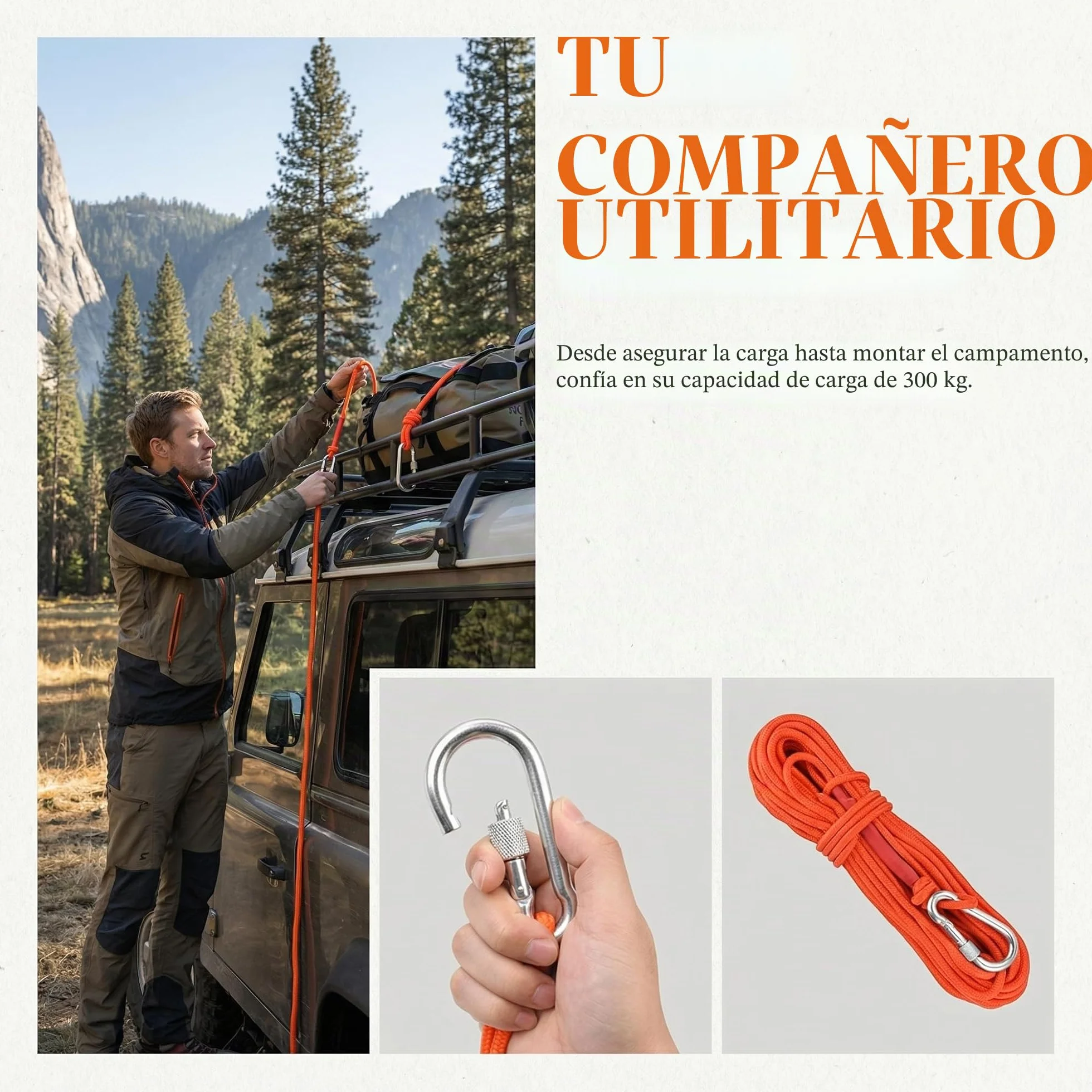 Cuerda de Escalada Auxiliar 20m 6mm con Mosquetón Naranja Multiusos