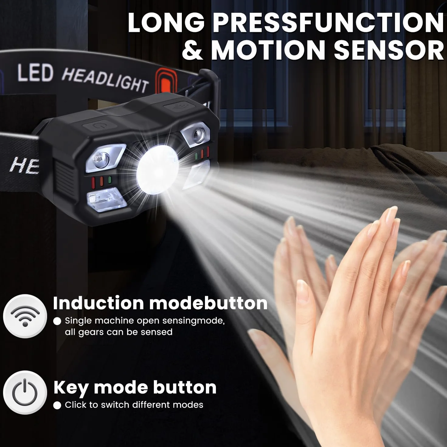 Linterna Frontal LED Recargable 2 Pack, Superbrillantes con Sensor de Movimiento, Luz Cabeza para Correr Camping