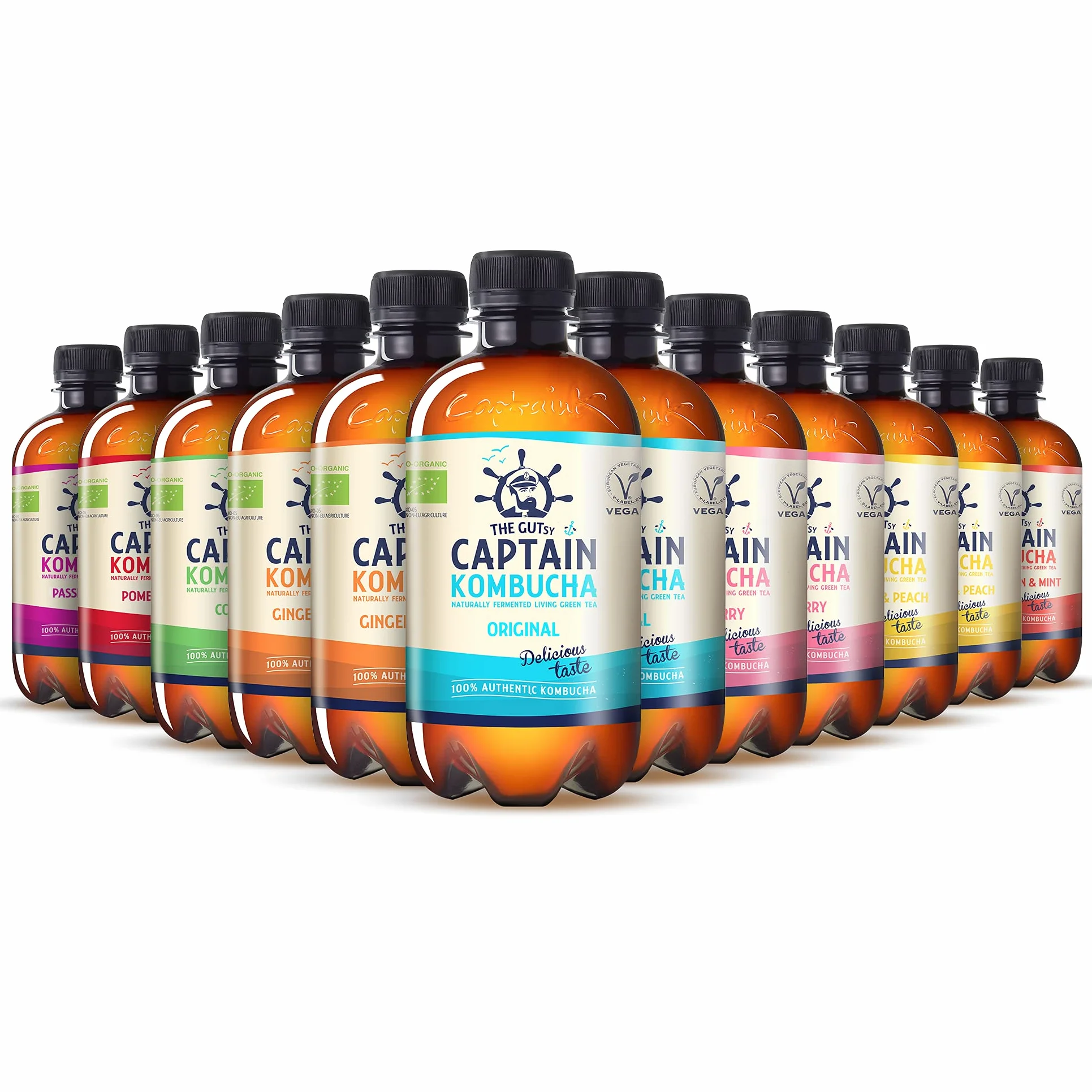 The Gutsy Captain Kombucha – Bebida Probiótica Naturalmente Fermentada, Sin Aditivos ni Conservantes, Sin Colorantes ni Sabores Artificiales, Sin Pasteurizar, Vegan - 12 x 400ml (MixBox)