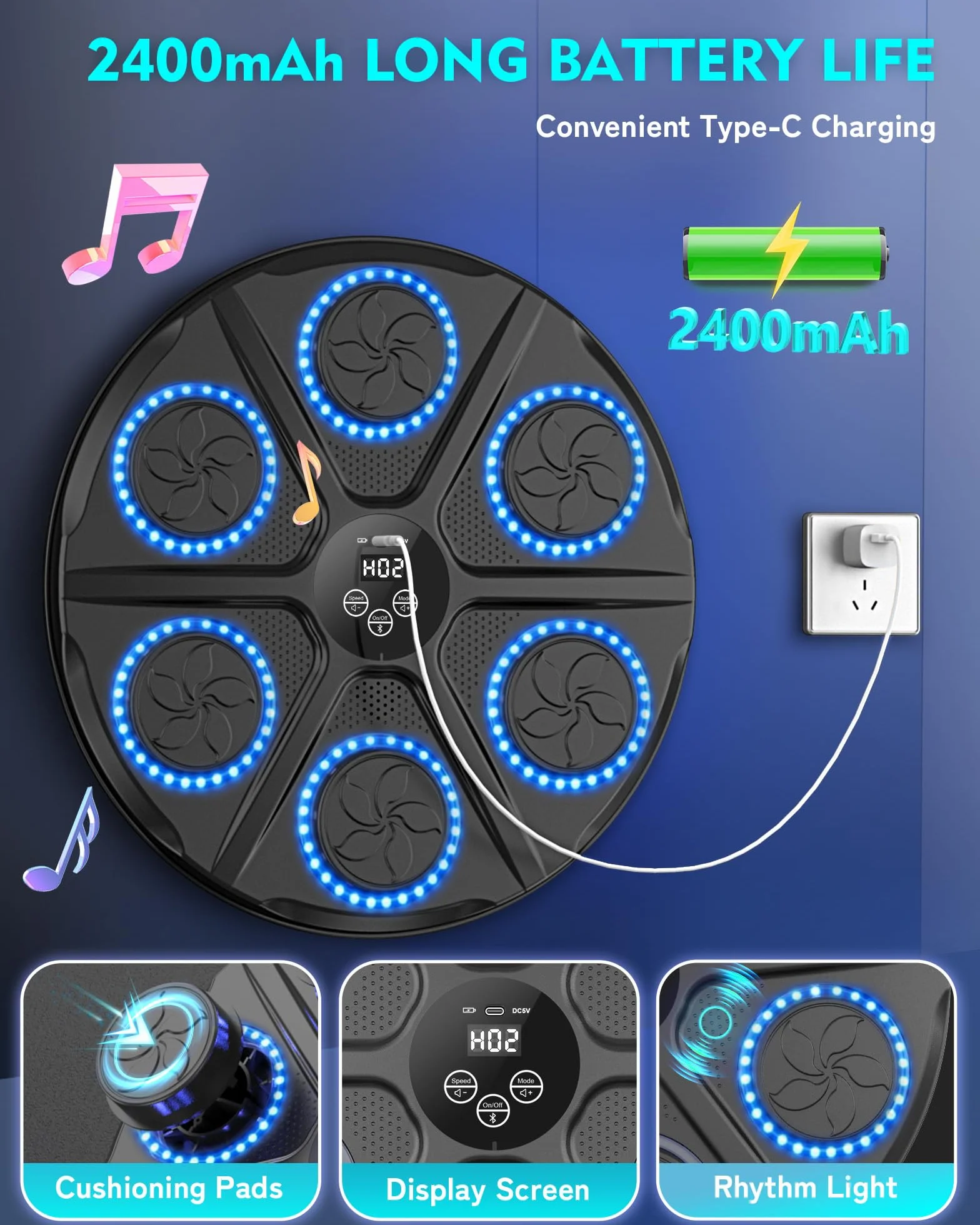 Máquina de Boxeo Musical Adulto 12 Modos Velocidad Boxeador Pared Guantes Bluetooth Recuento Inteligente Luces Ritmo